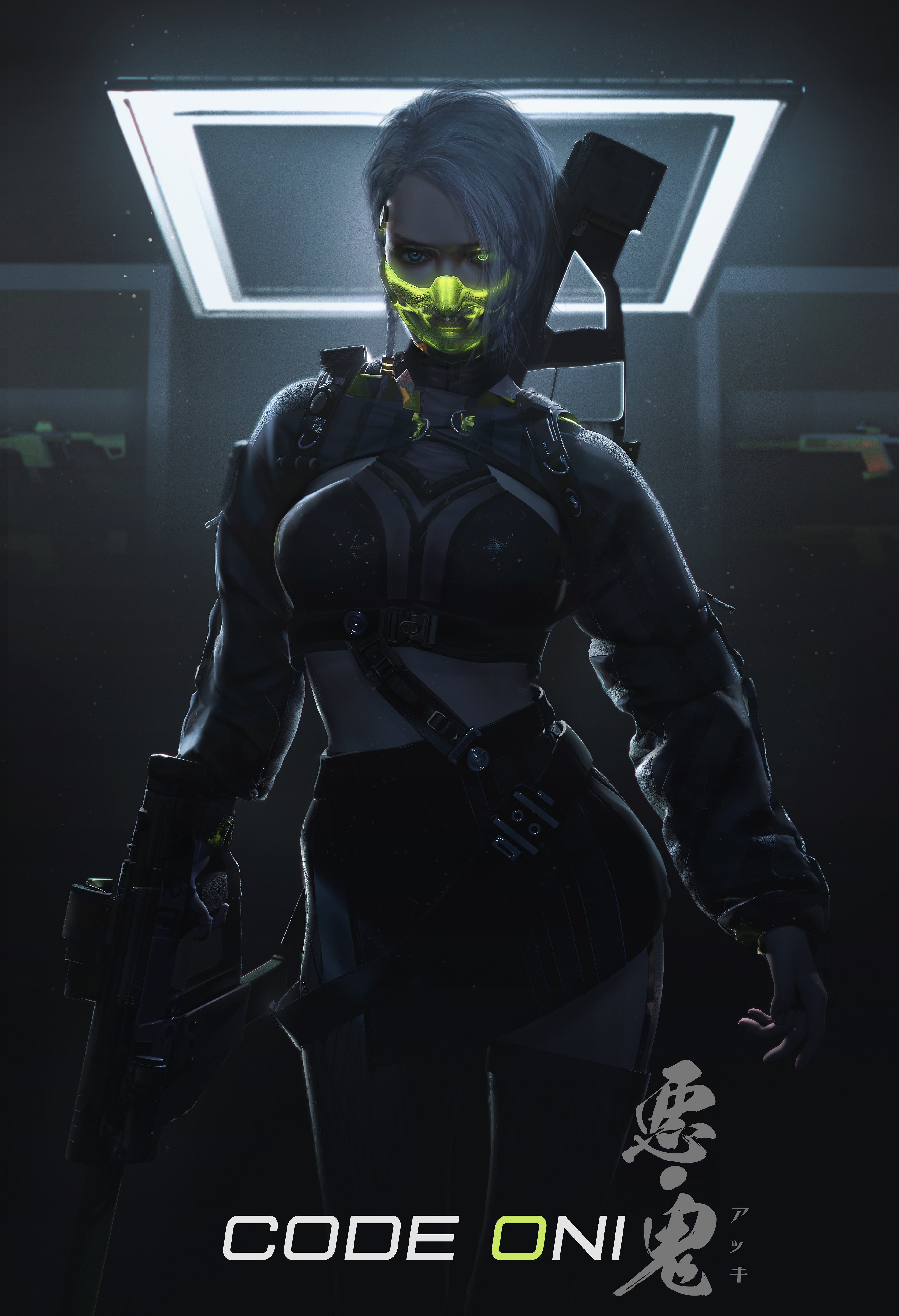Code Oni Cyberpunk Character with Mask and Weapons HD Phone Wallpaper