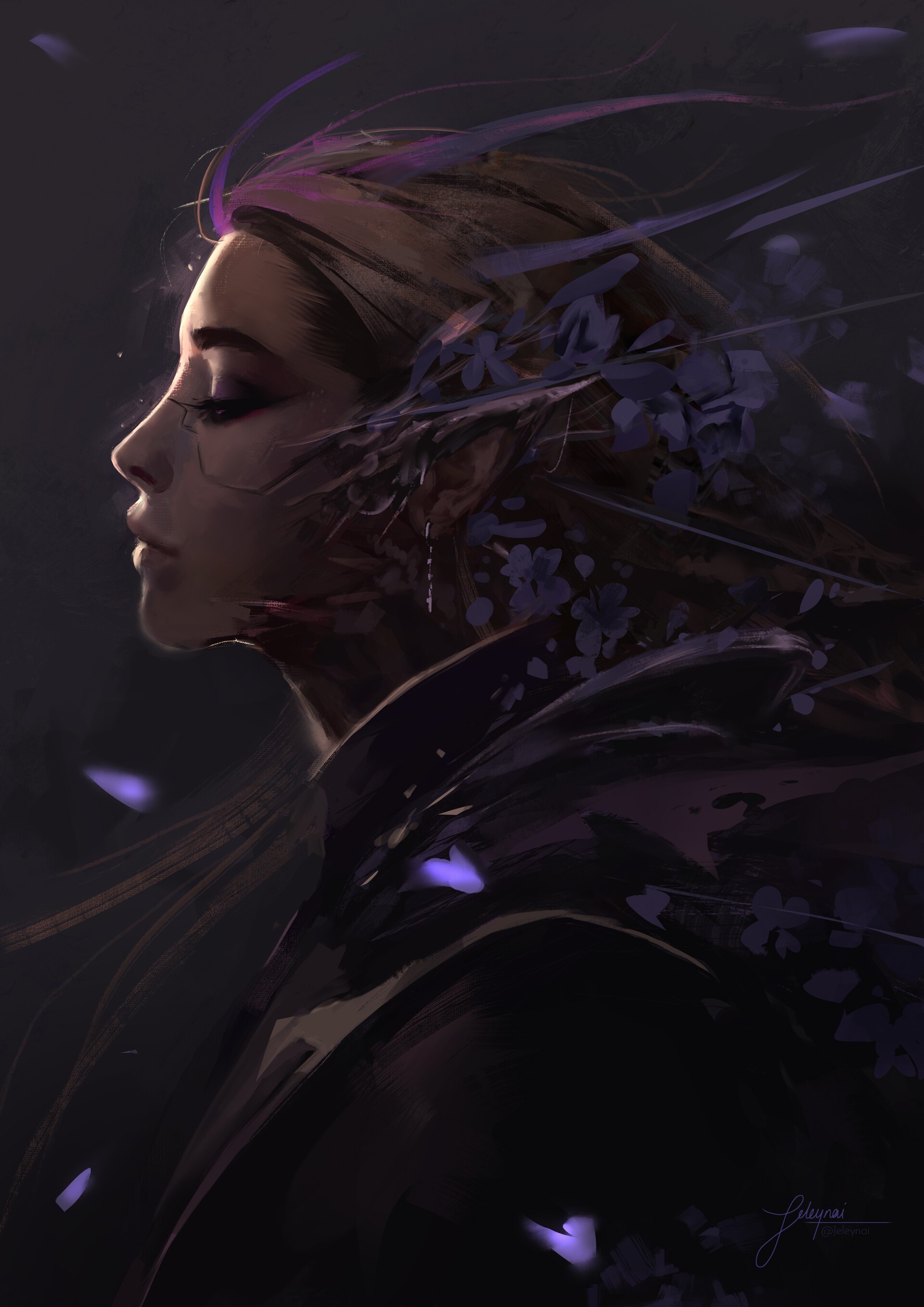 Profile portrait of a woman with purple flowers in her hair HD Phone Wallpaper