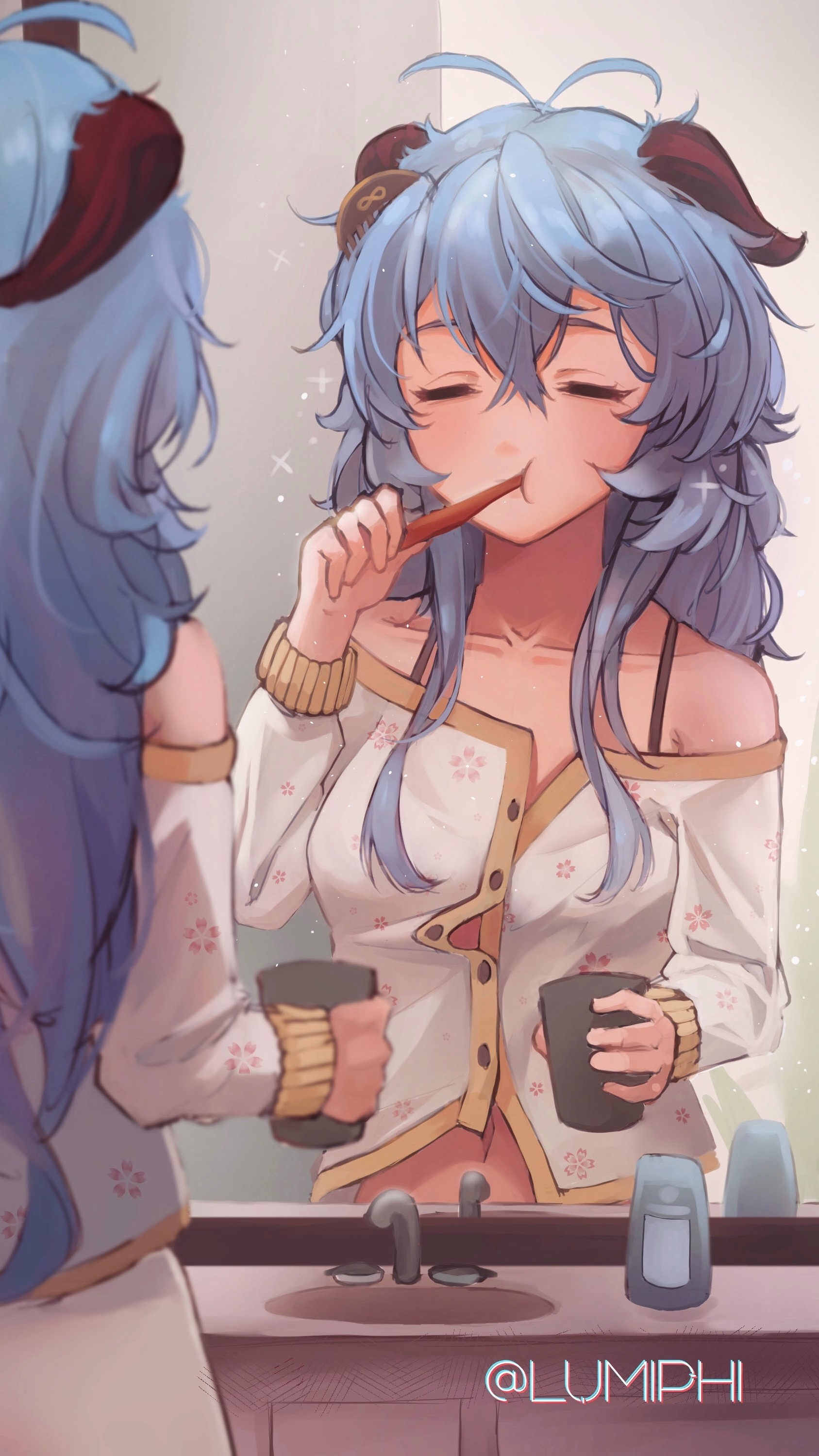 Ganyu from Genshin Impact brushing her teeth in the mirror HD Phone Wallpaper