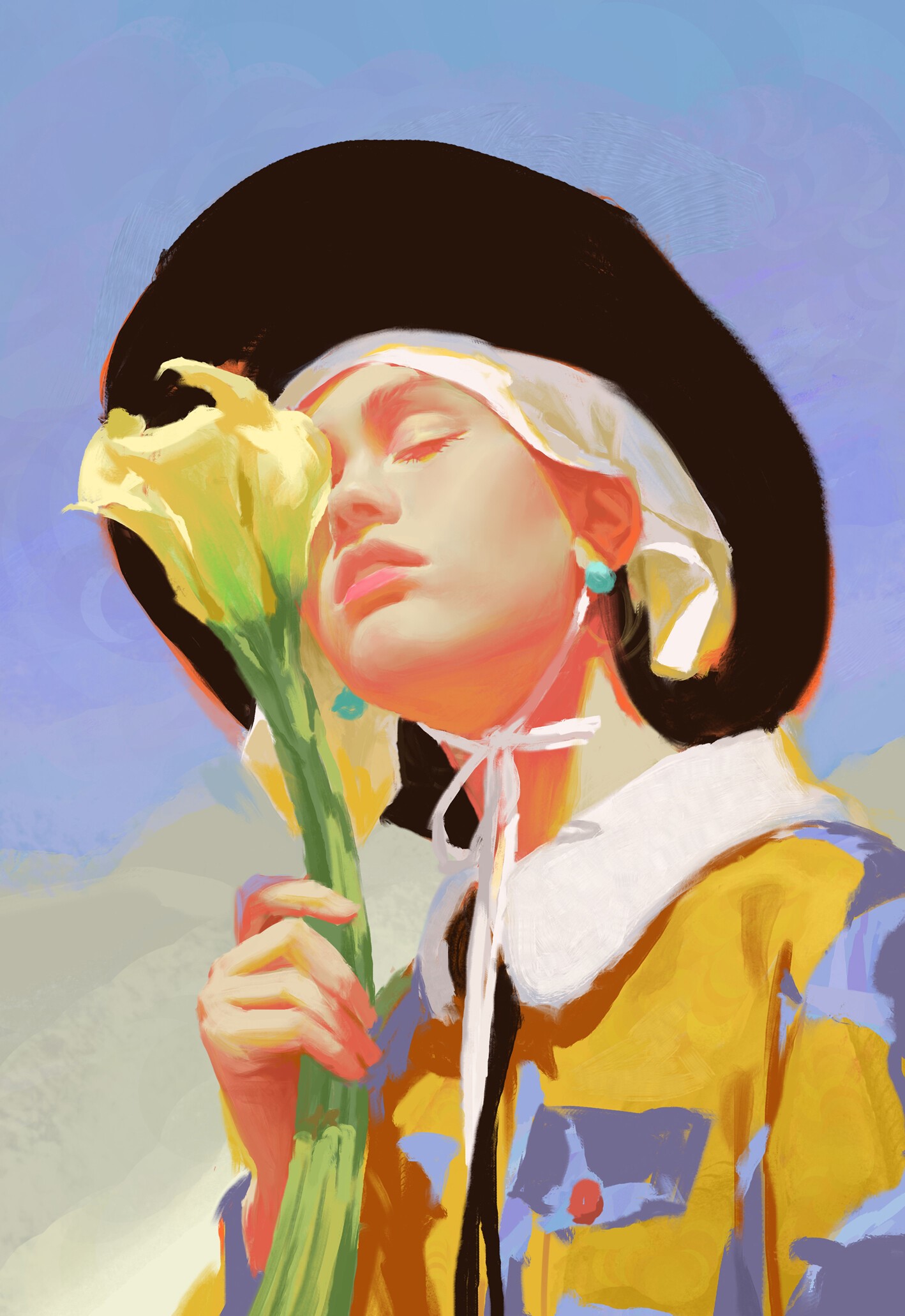 Woman in a hat holding a yellow flower HD Phone Wallpaper