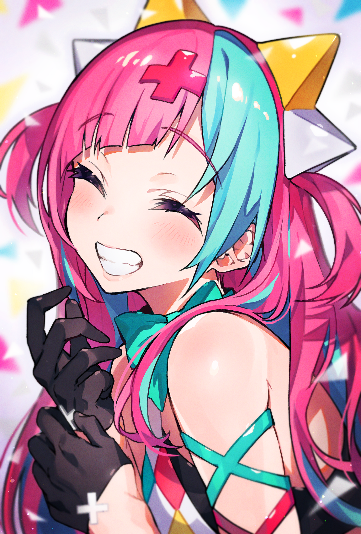 Anime girl with pink and teal hair smiling HD Phone Wallpaper