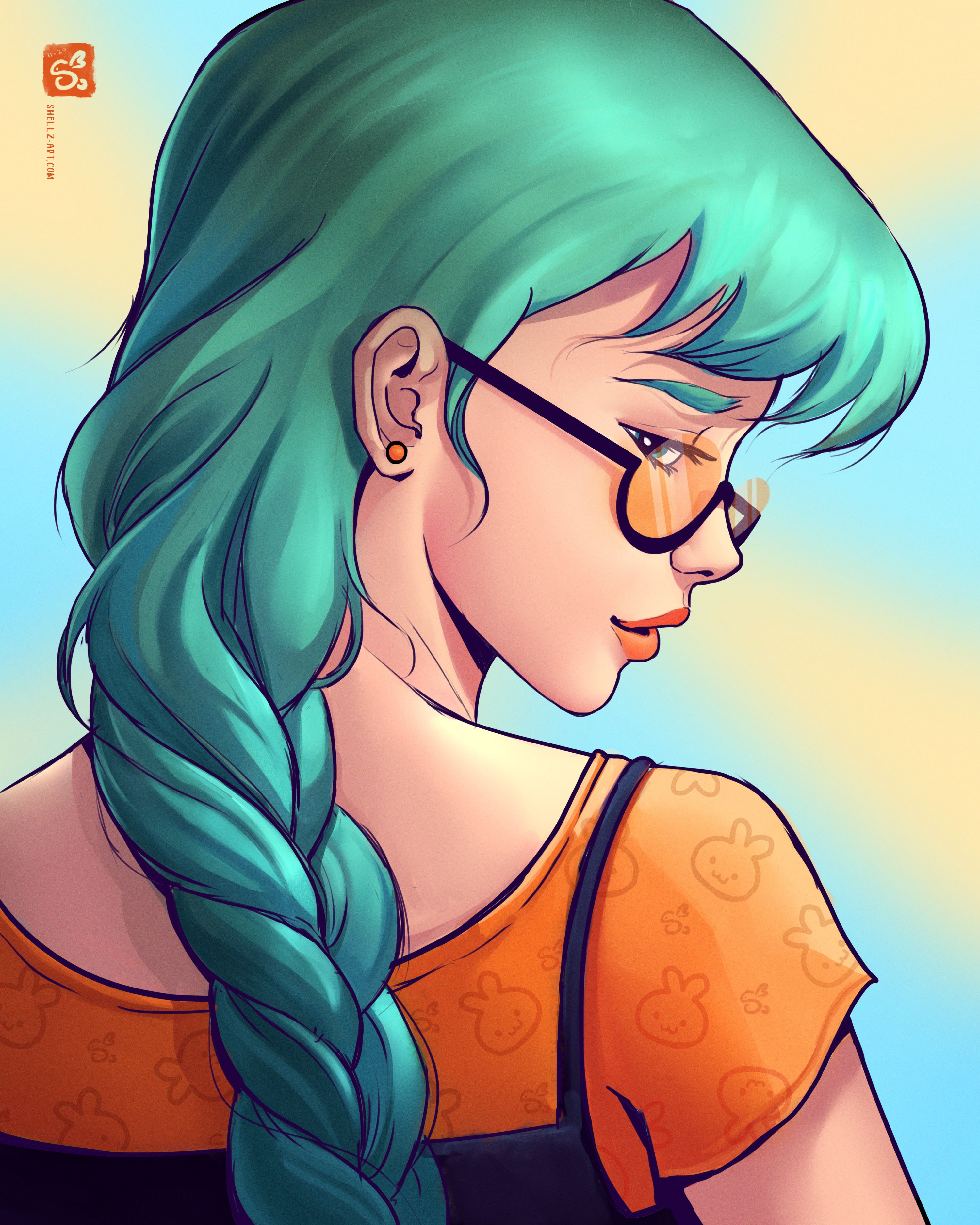 Woman with aqua hair and glasses wearing orange top HD Phone Wallpaper