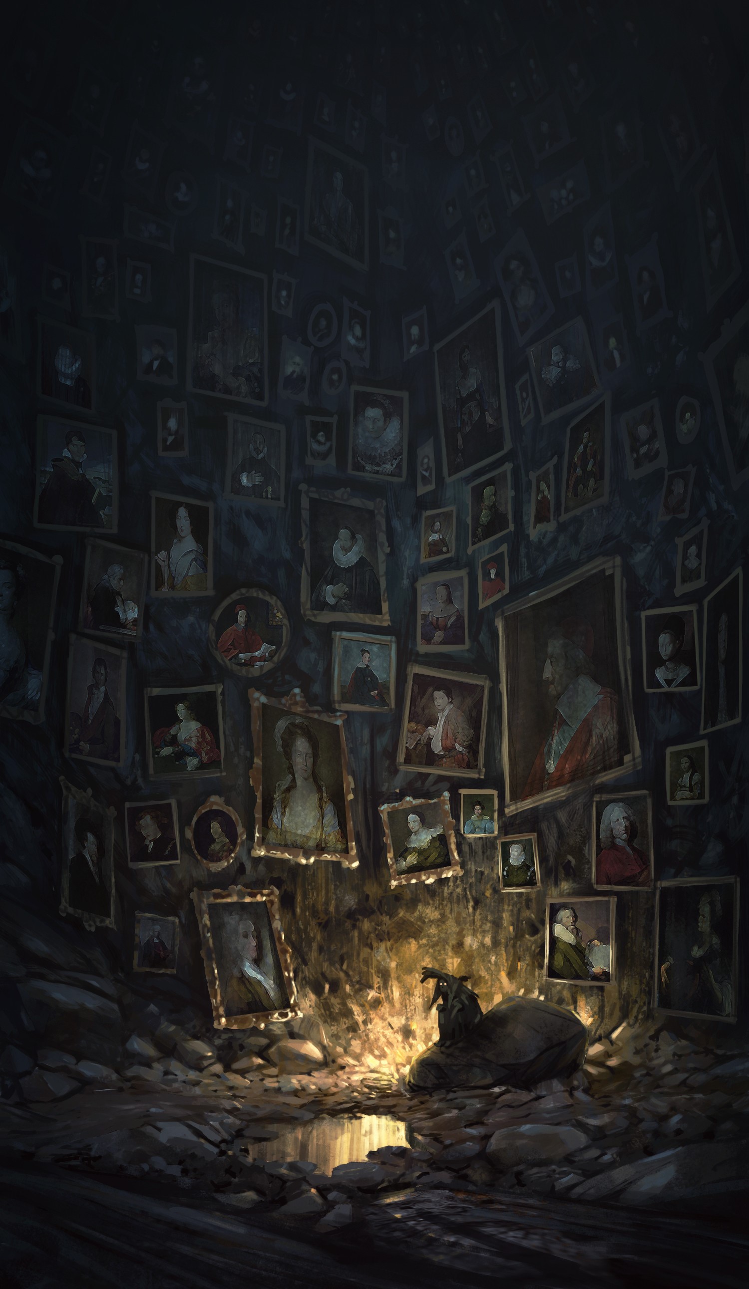 Dark cave filled with portraits and paintings HD Phone Wallpaper