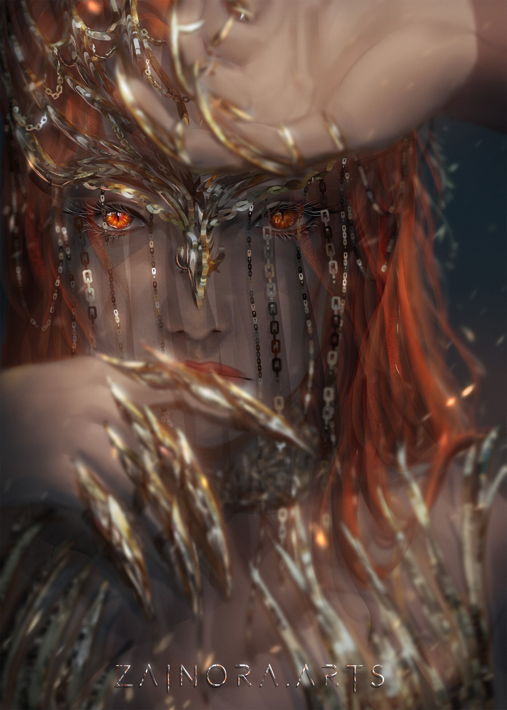 Digital painting of a woman with fiery eyes and ornate headdress HD Phone Wallpaper