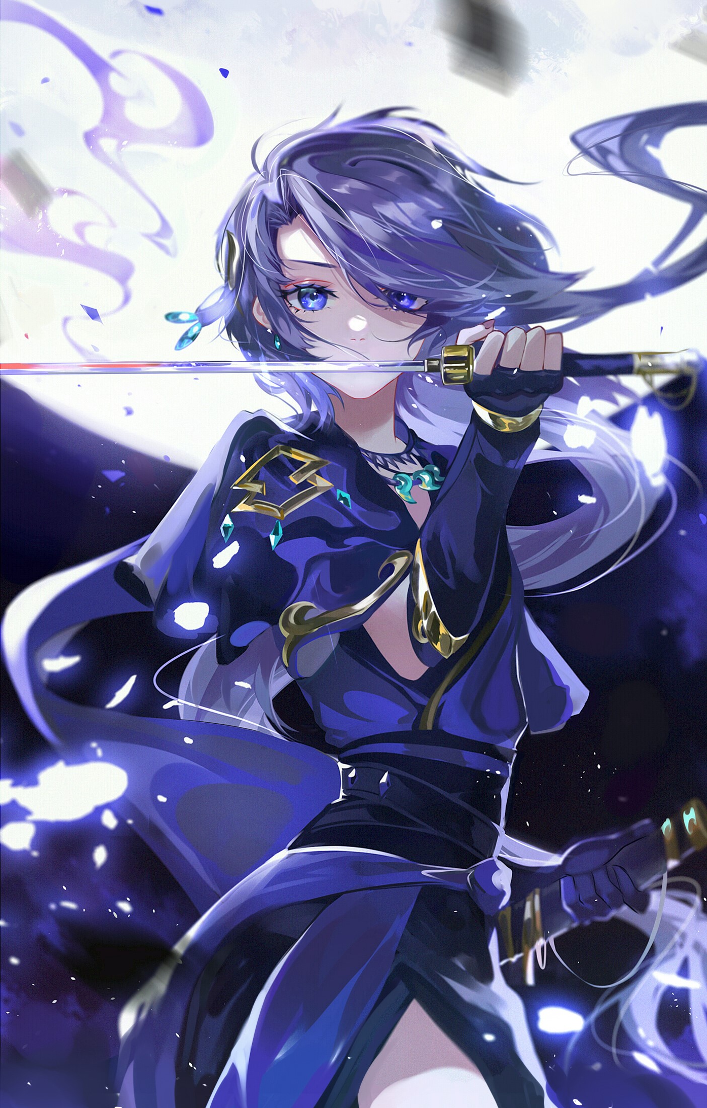 Anime girl with purple hair and sword HD Phone Wallpaper