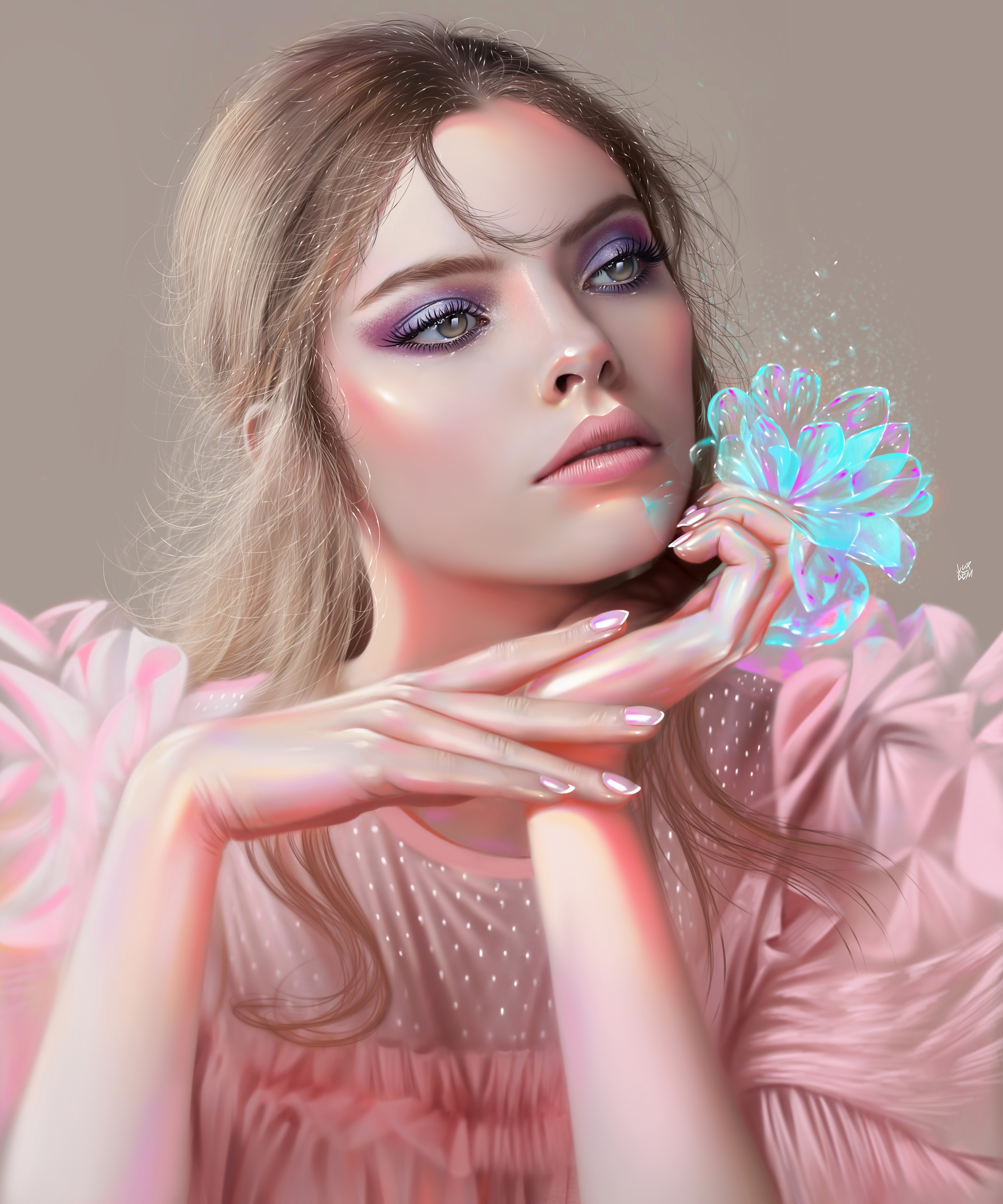 looking at the side, touching face, looking away, pink clothing, blonde, digital painting, pink dress, brunette, digital art, face, caressing, Yaşar Vurdem, simple background, juicy lips, brown eyes, open mouth, portrait, makeup, artwork, ArtStation, women, fan art, portrait display