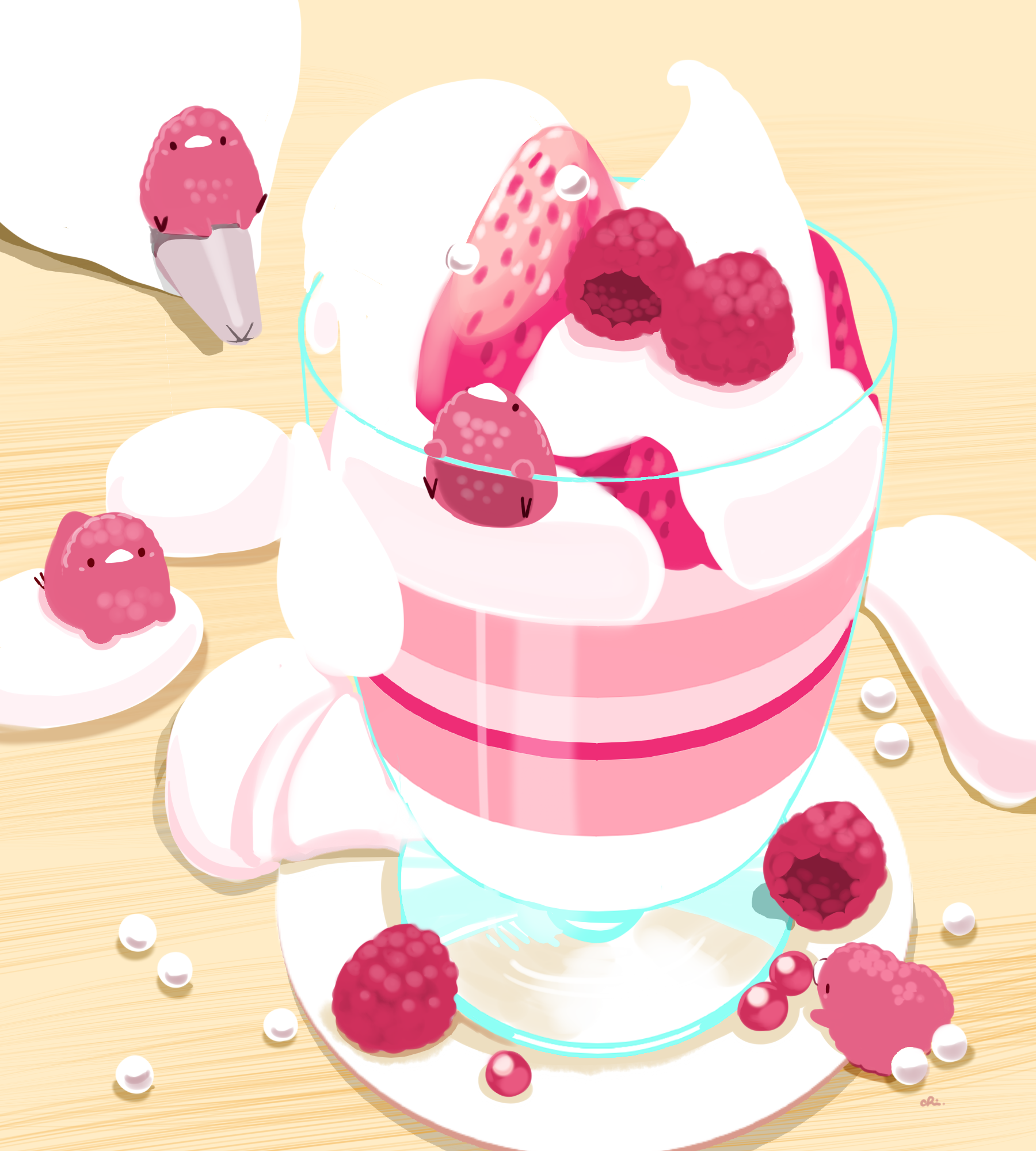 Cute birds with a strawberry and raspberry dessert HD Phone Wallpaper