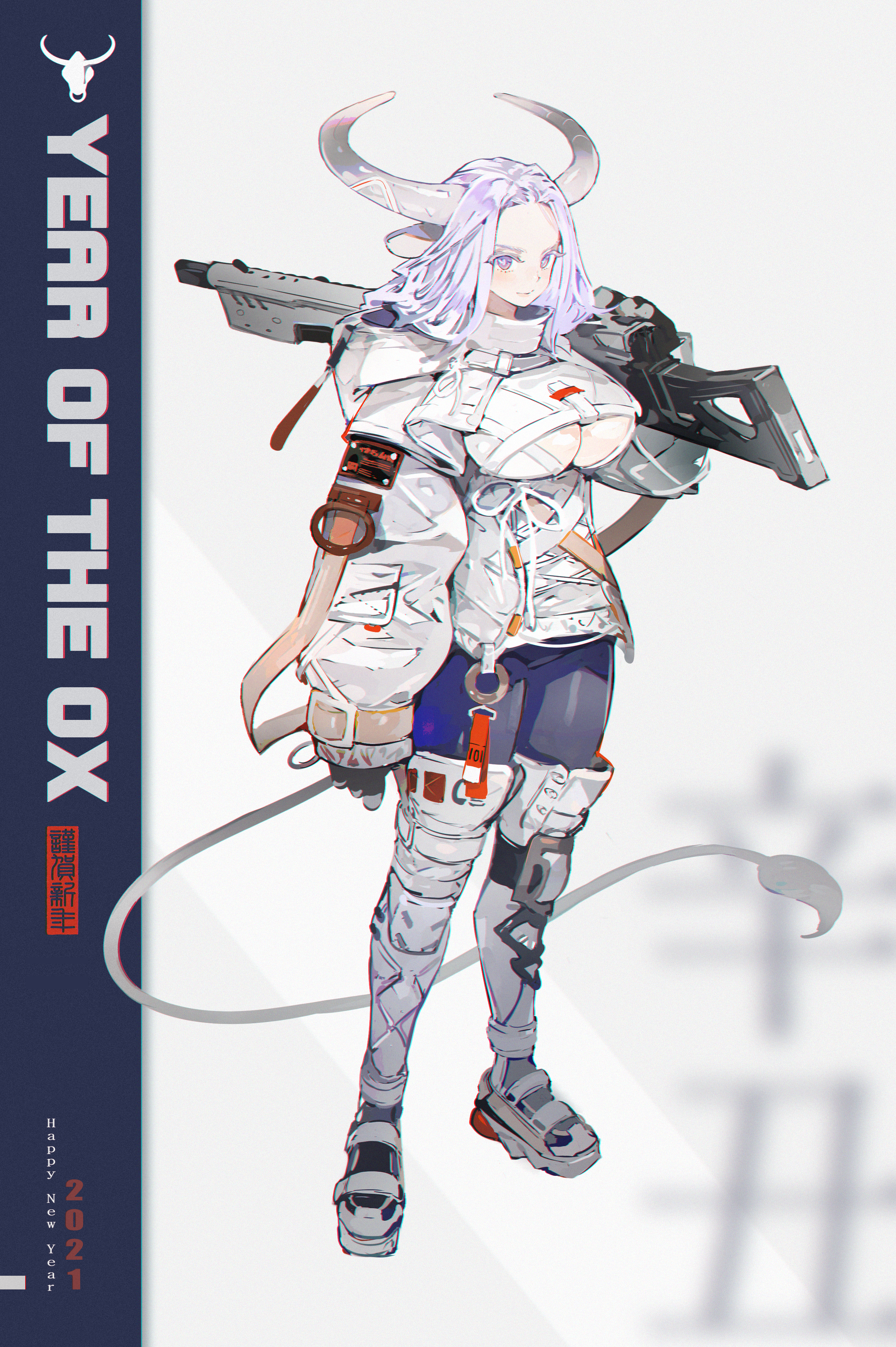 Anime girl with horns and a rifle, Year of the Ox HD Phone Wallpaper