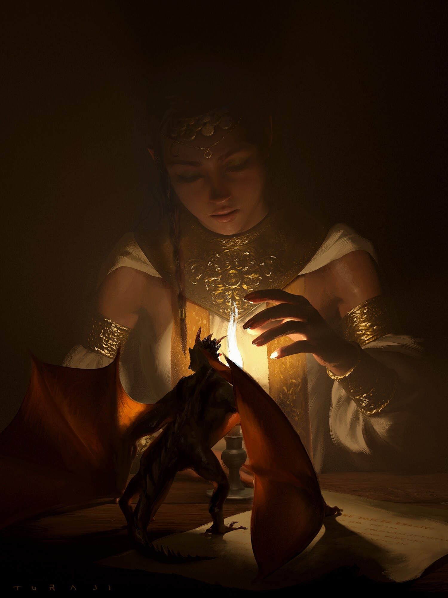Woman with a dragon by candlelight HD Phone Wallpaper