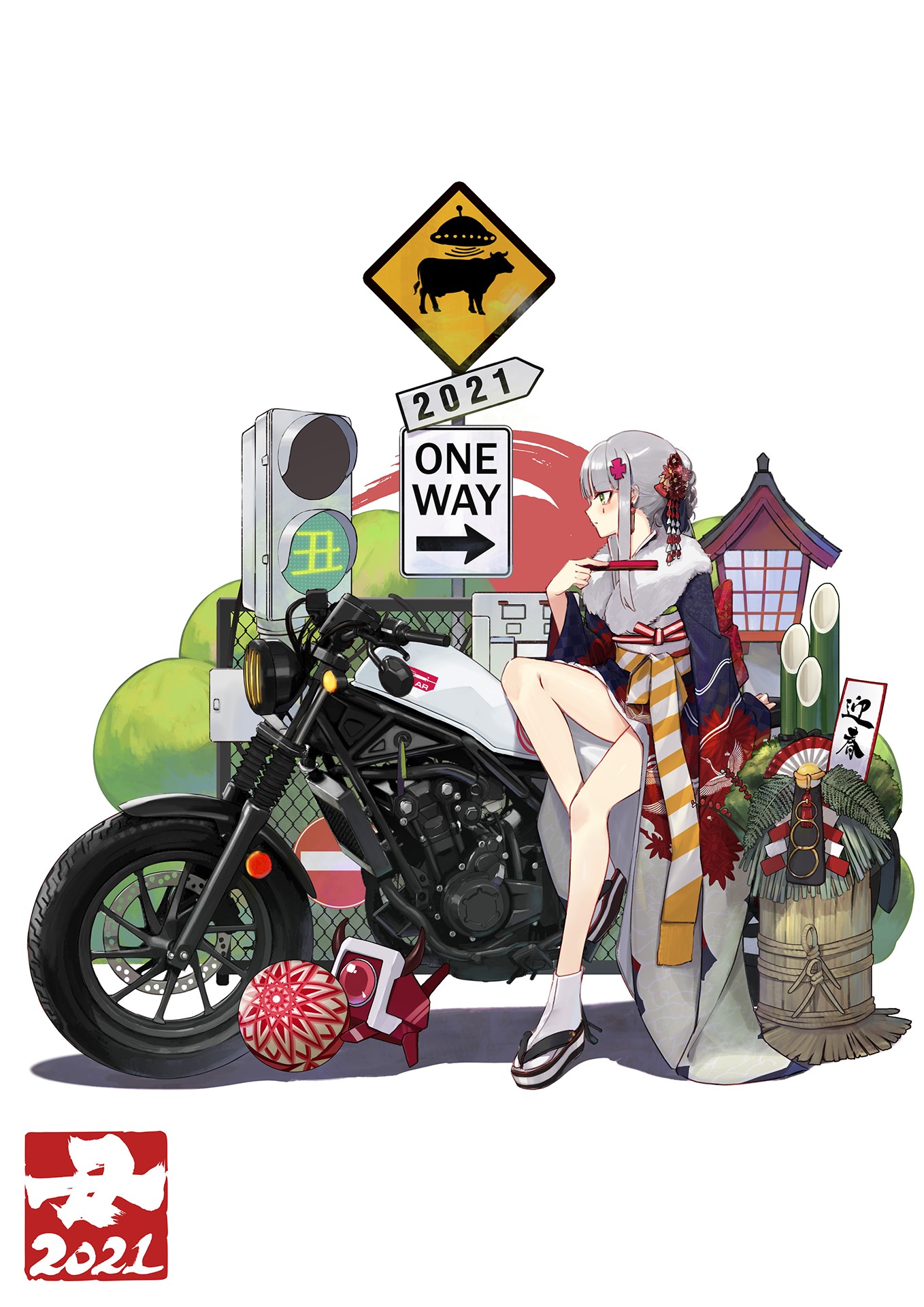 Anime girl in kimono with motorcycle and New Year decorations HD Phone Wallpaper