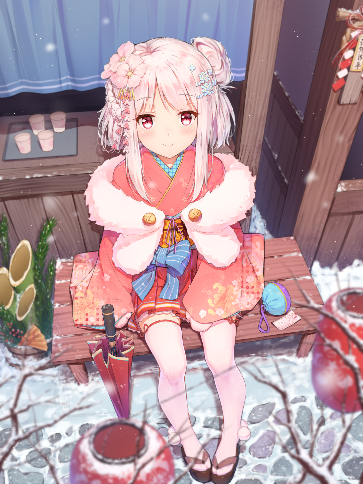 Anime girl in pink kimono with pink hair and red eyes in snow HD Phone Wallpaper