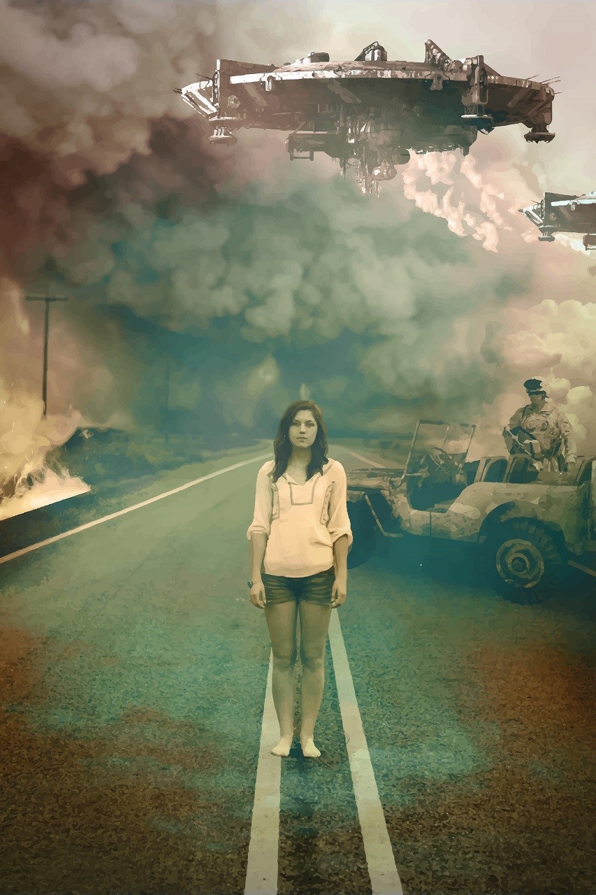 Girl on Road with UFOs and Soldier HD Phone Wallpaper