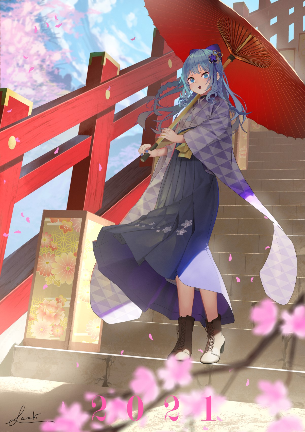 Anime girl with blue hair and umbrella on stairs HD Phone Wallpaper