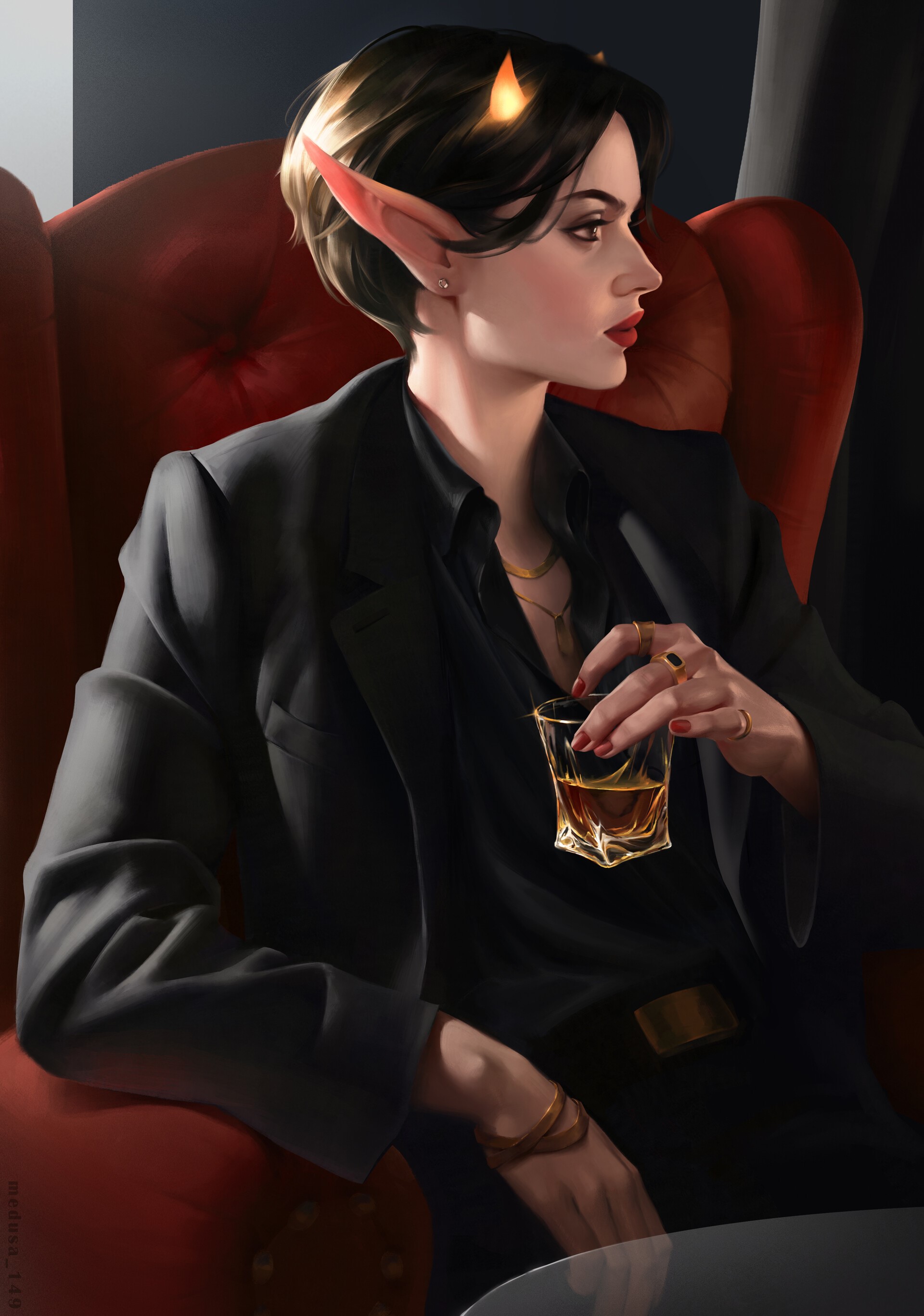 Woman with pointy ears and horns holding a drink HD Phone Wallpaper