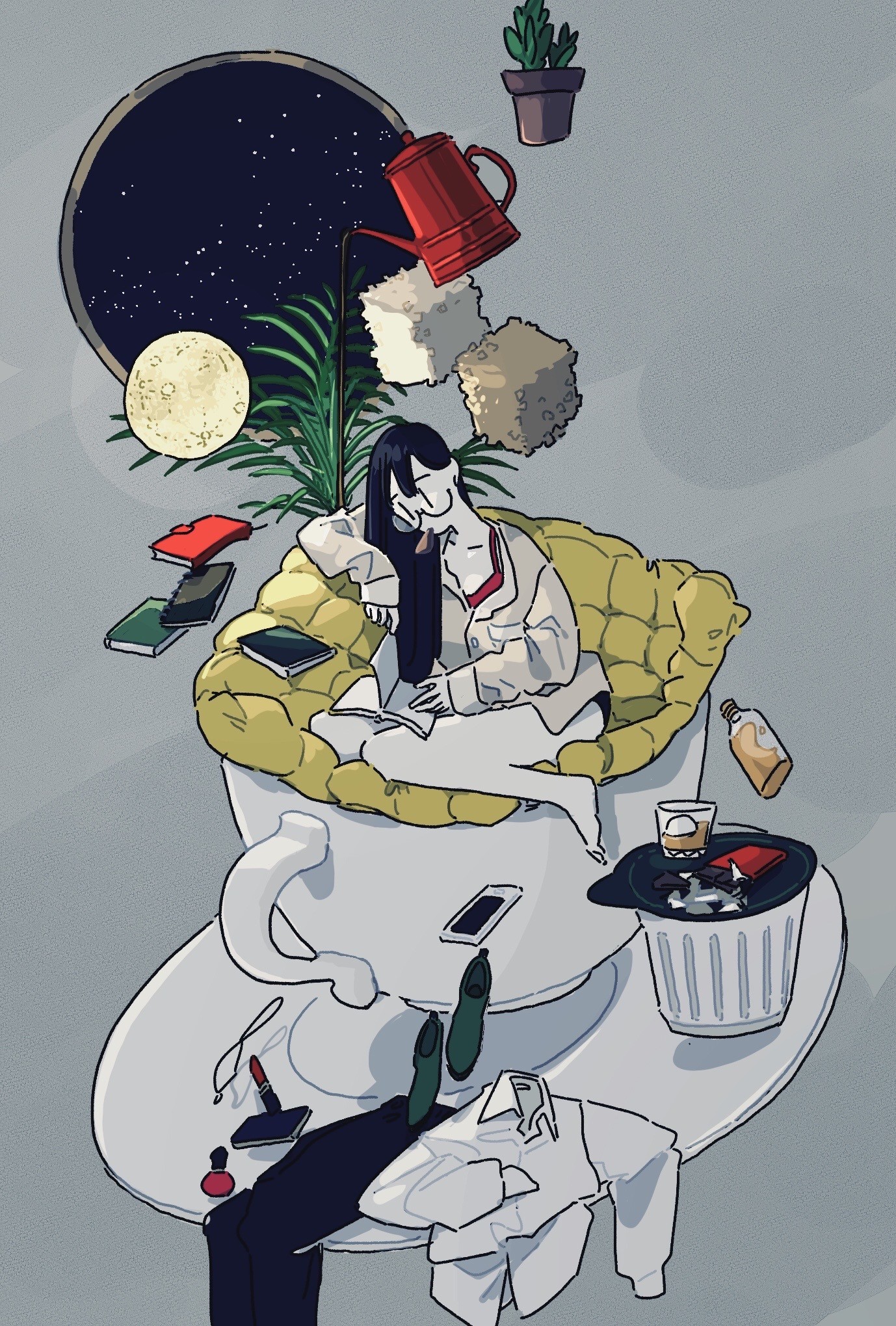 Anime girl sitting in a teacup with floating objects HD Phone Wallpaper