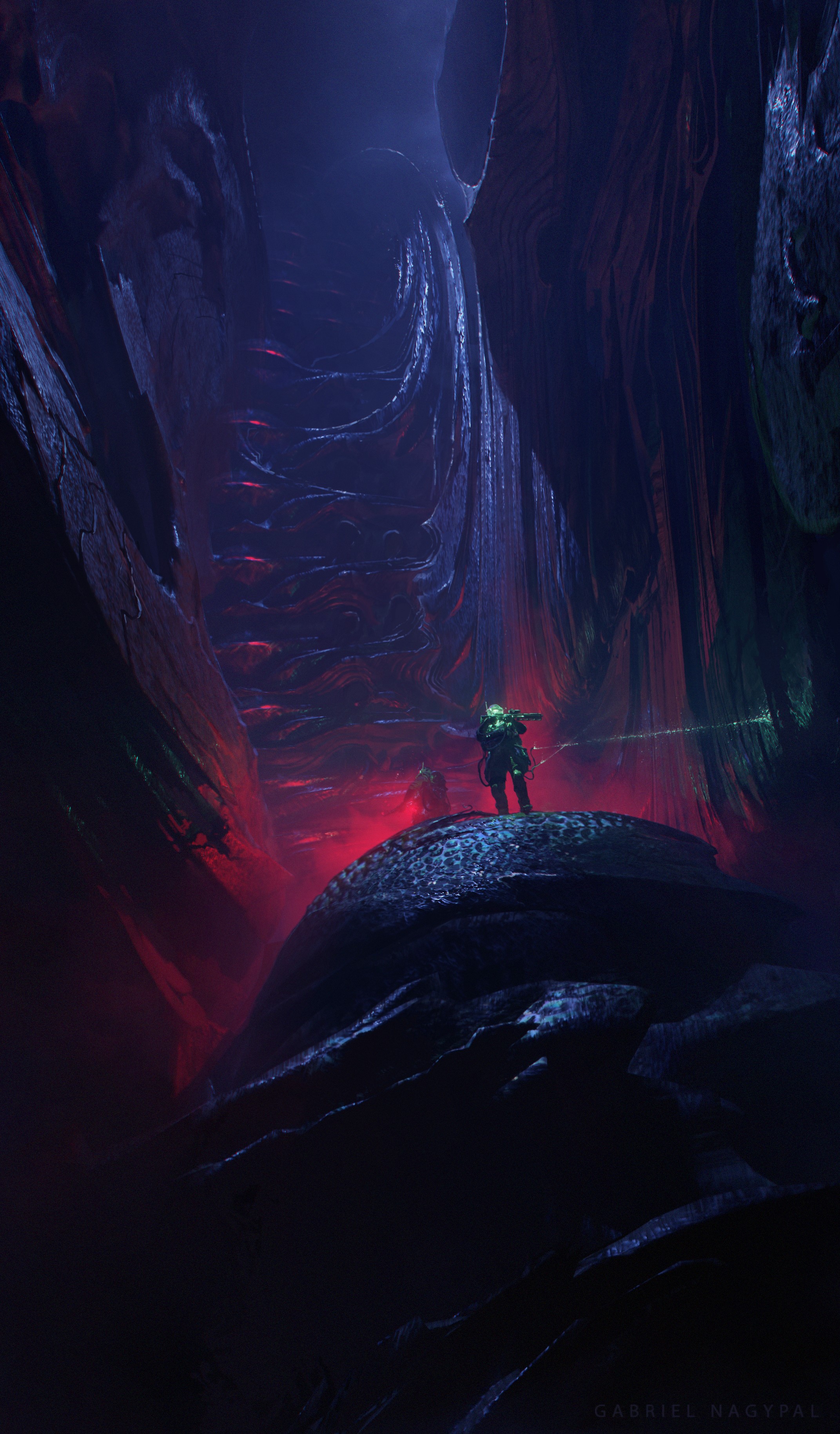 Two figures explore a glowing alien cavern HD Phone Wallpaper