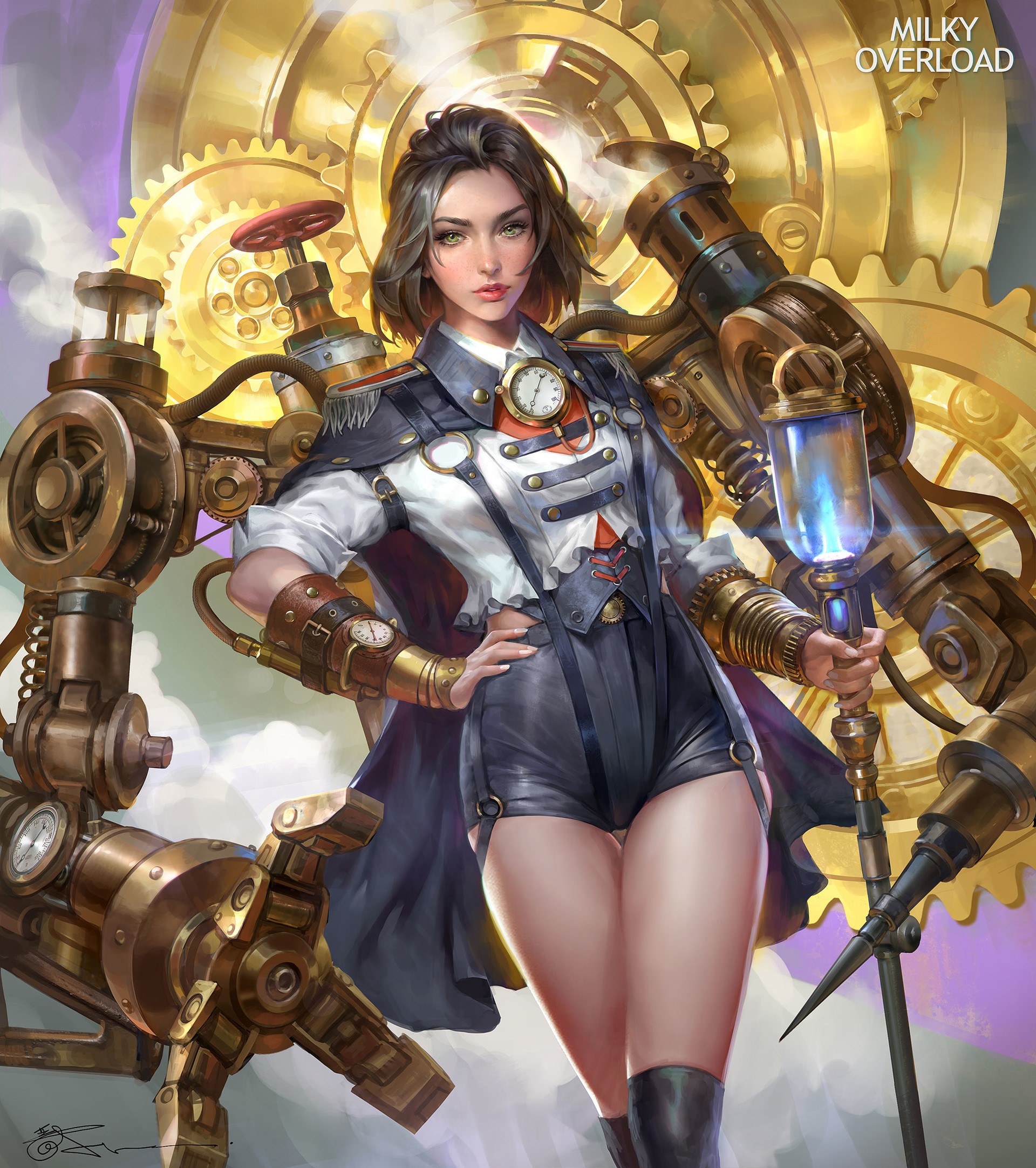 Steampunk woman with gears and staff by Jeremy Chong HD Phone Wallpaper