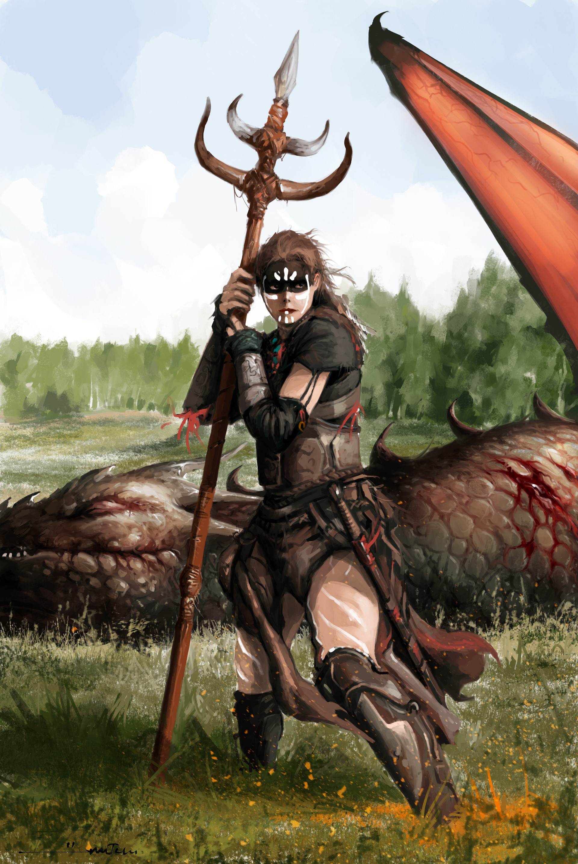 Warrior girl with spear and slain dragon by Ömer Tunç HD Phone Wallpaper