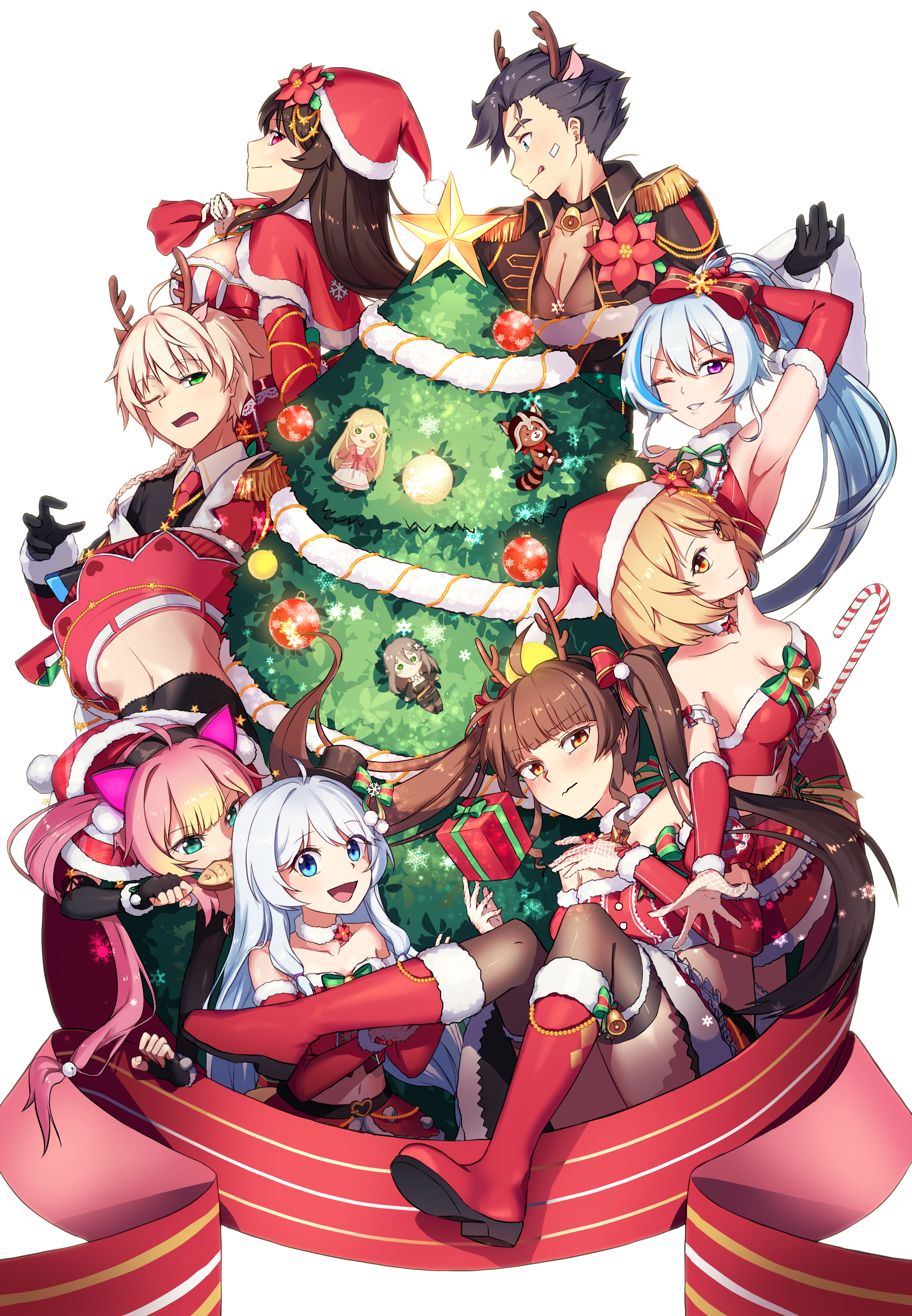 Soulworker characters celebrating Christmas around a tree HD Phone Wallpaper