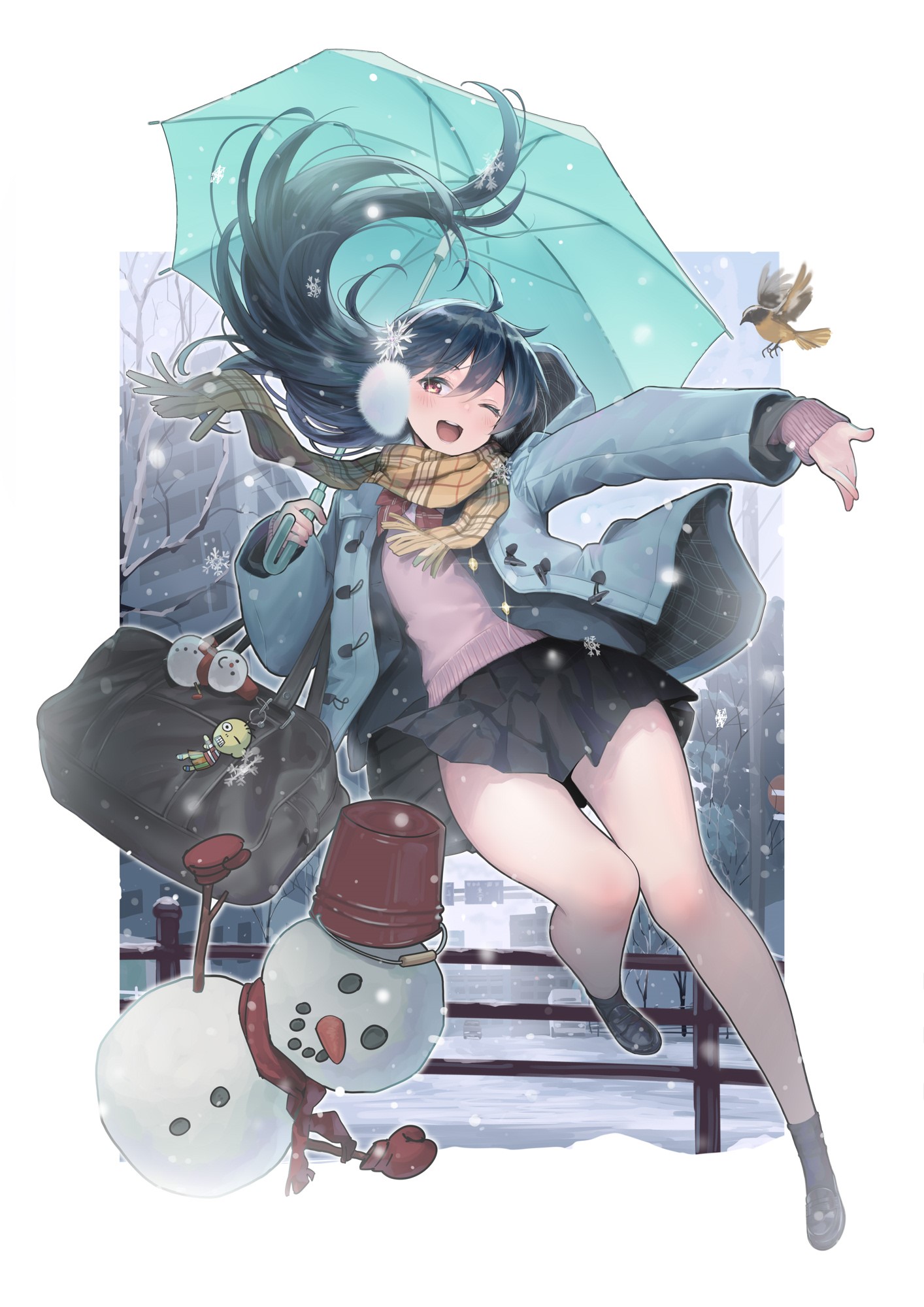 Anime girl with umbrella and snowman in snow HD Phone Wallpaper