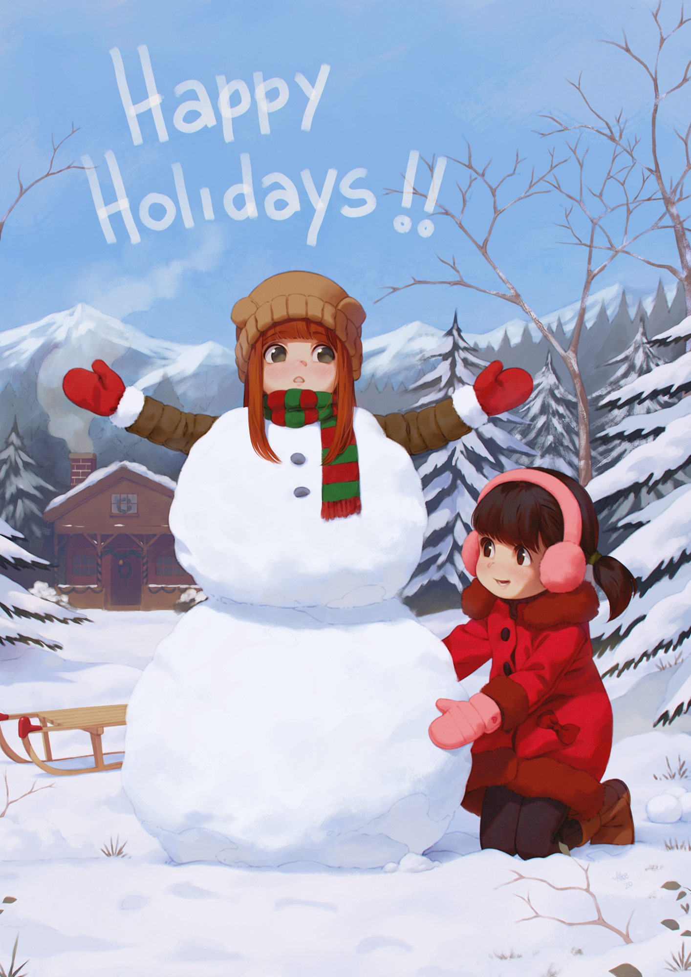 Anime girls building a snowman with "Happy Holidays" text HD Phone Wallpaper