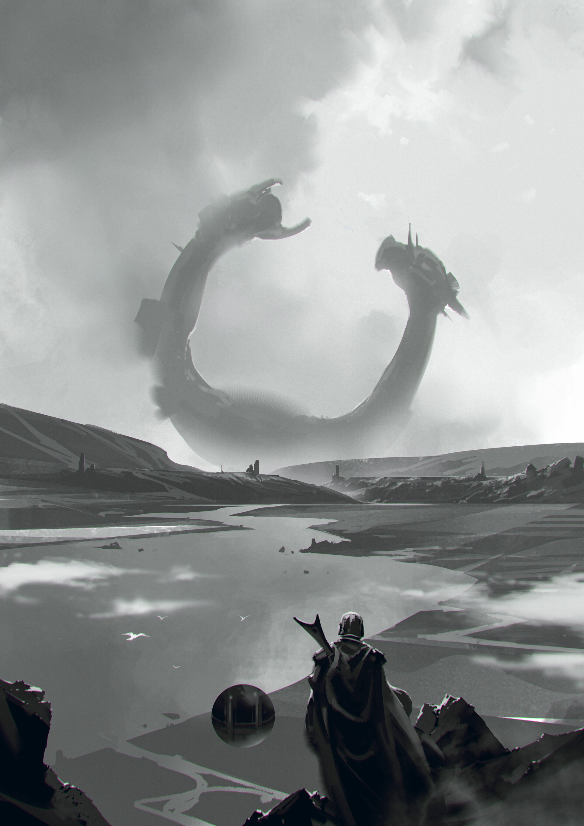 The Mandalorian and a ring-shaped spaceship HD Phone Wallpaper