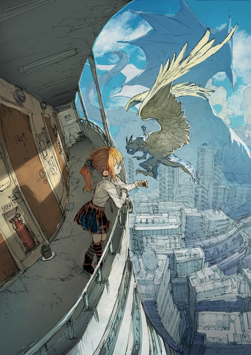 Girl and dragons on a balcony overlooking a city HD Phone Wallpaper