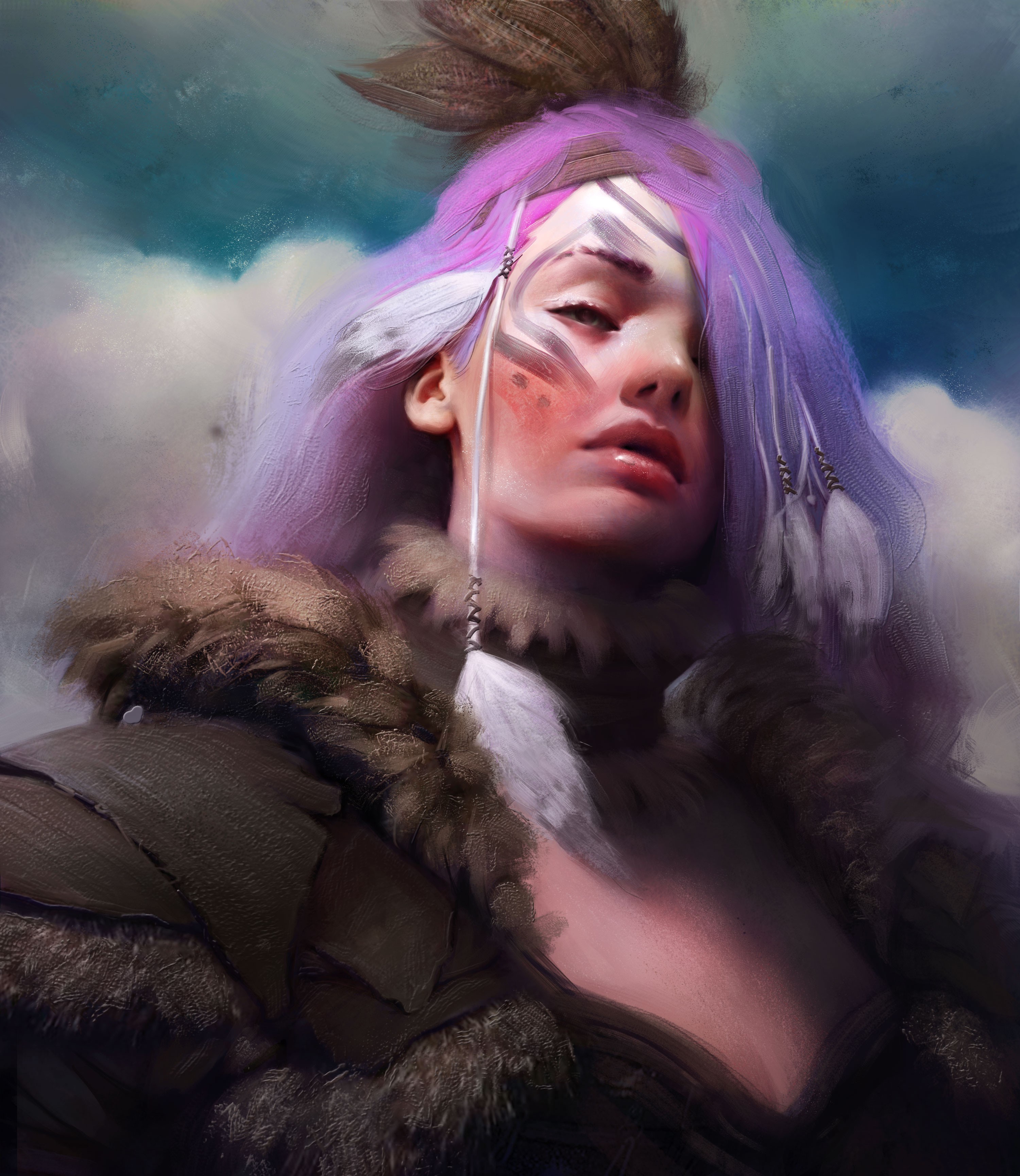 Woman with purple hair and feathers HD Phone Wallpaper