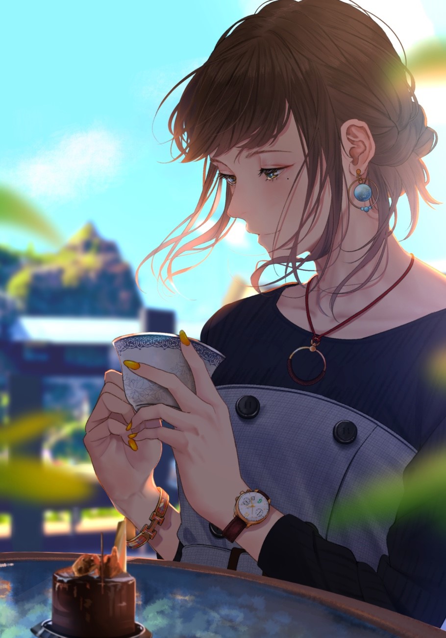 Anime girl with brown hair holding a cup HD Phone Wallpaper