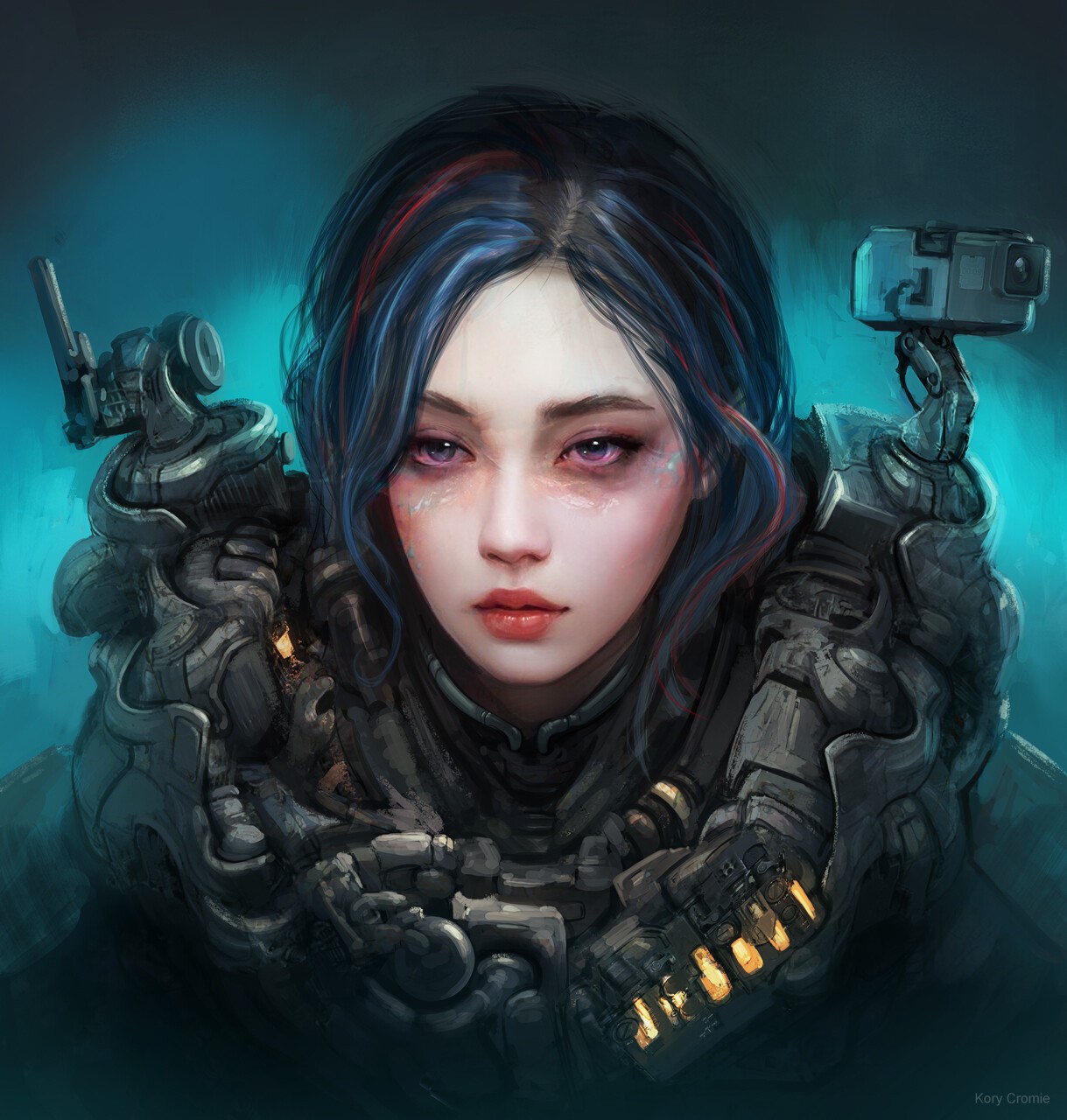 Cyberpunk woman with mechanical suit and camera HD Phone Wallpaper