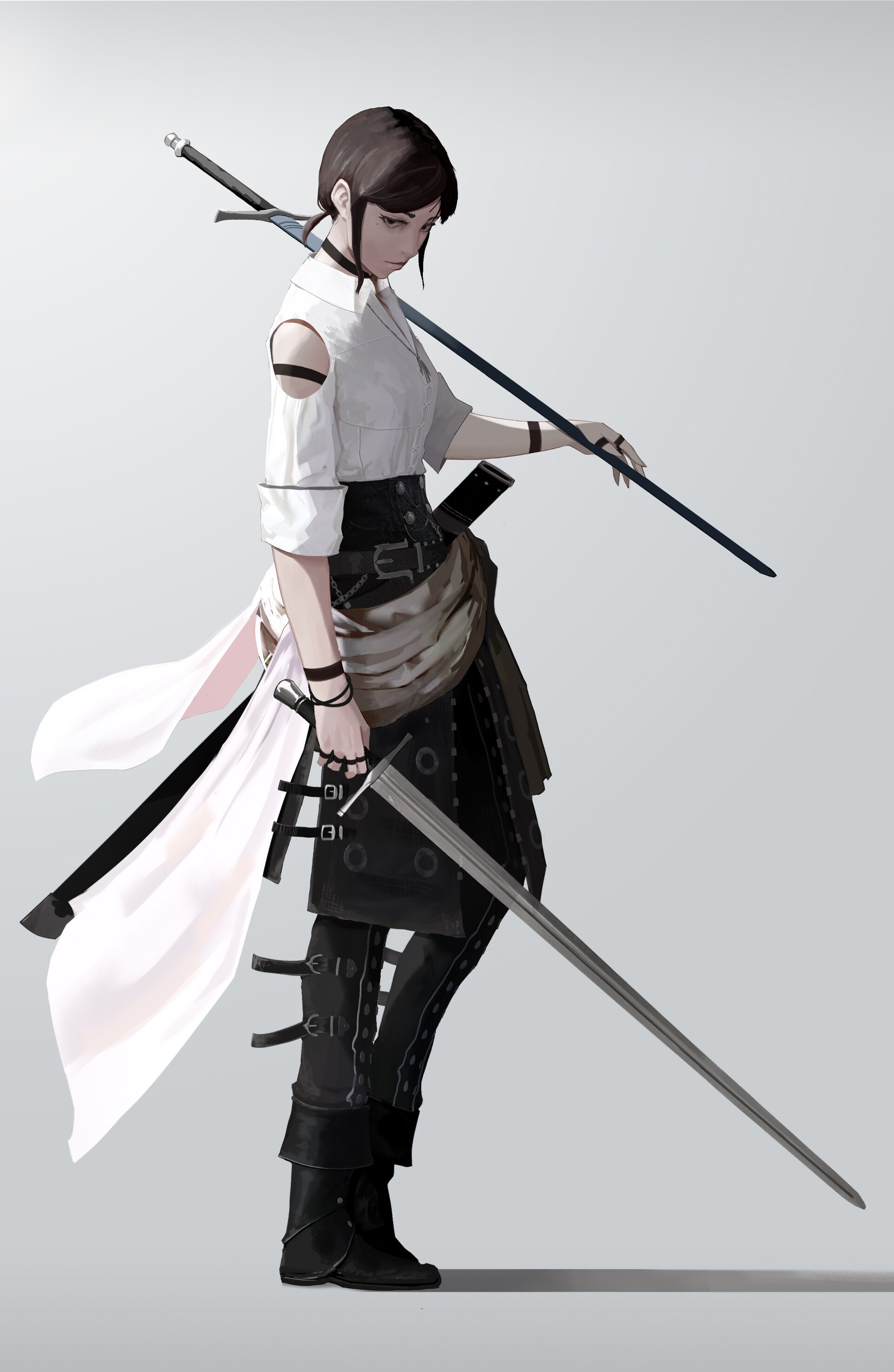 Woman with swords and staff HD Phone Wallpaper