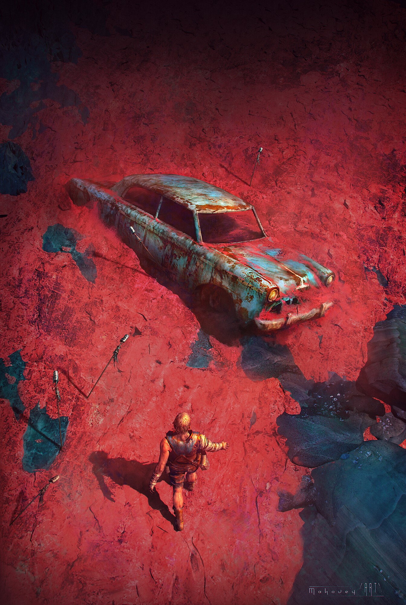 Robot and rusted car in a red, rocky landscape HD Phone Wallpaper