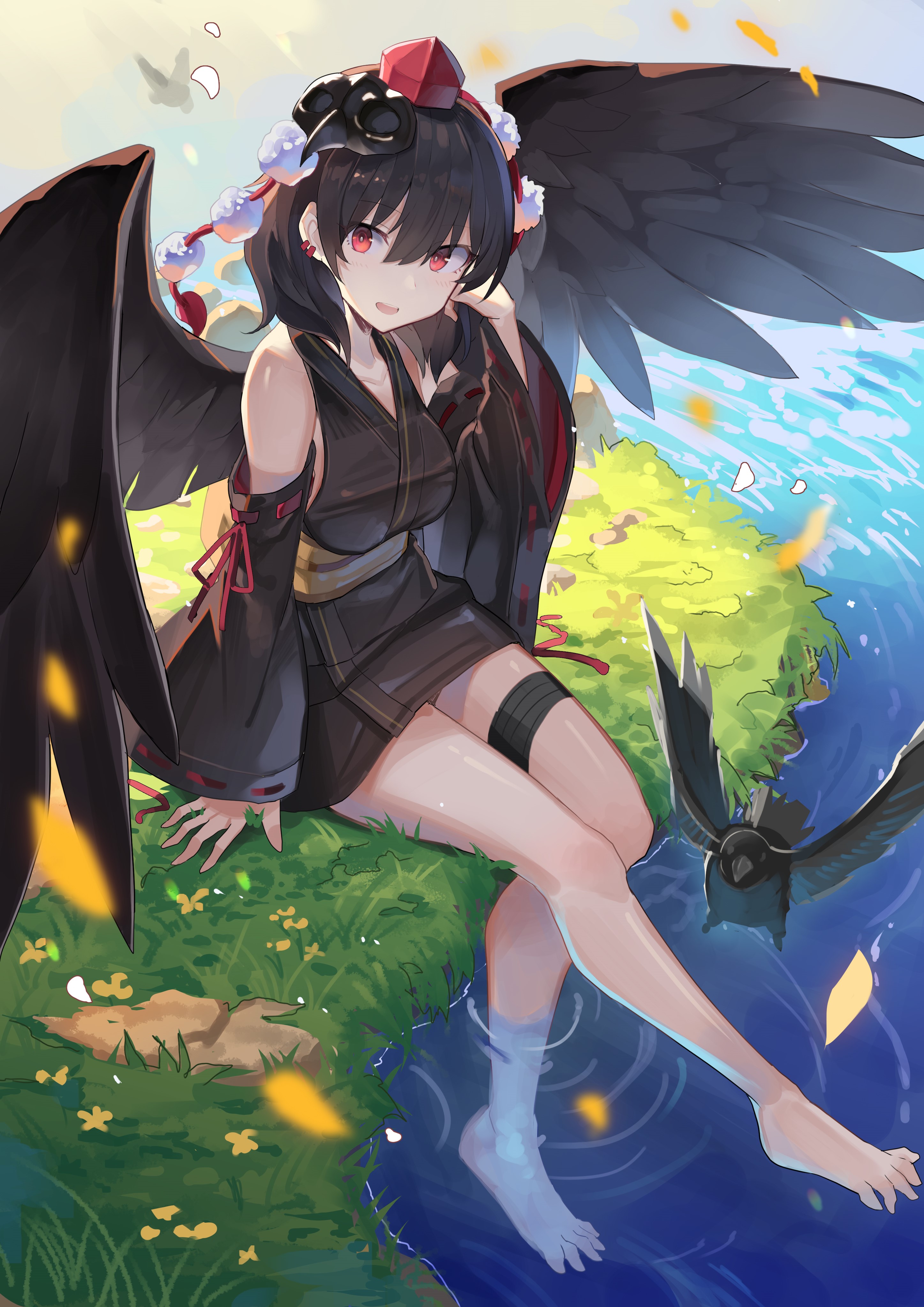 Shameimaru Aya from Touhou sitting by the water HD Phone Wallpaper