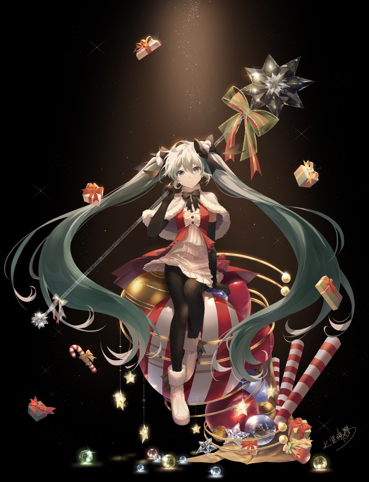Hatsune Miku in Santa Costume with Christmas Decorations HD Phone Wallpaper