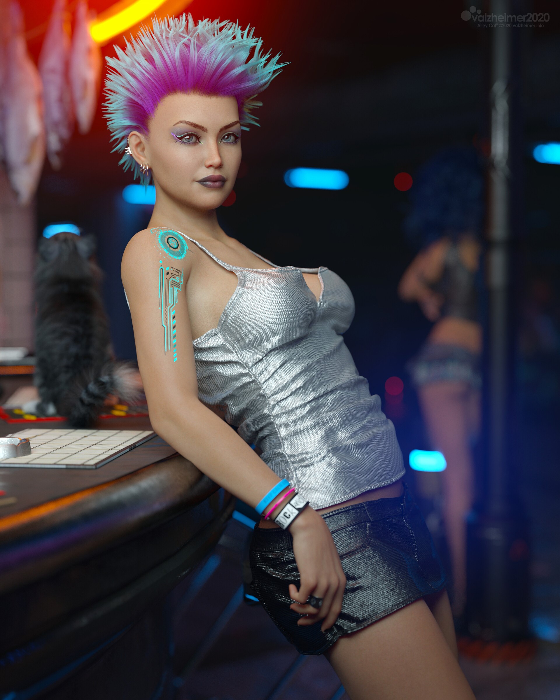 Woman with pink and blue mohawk in a futuristic bar HD Phone Wallpaper