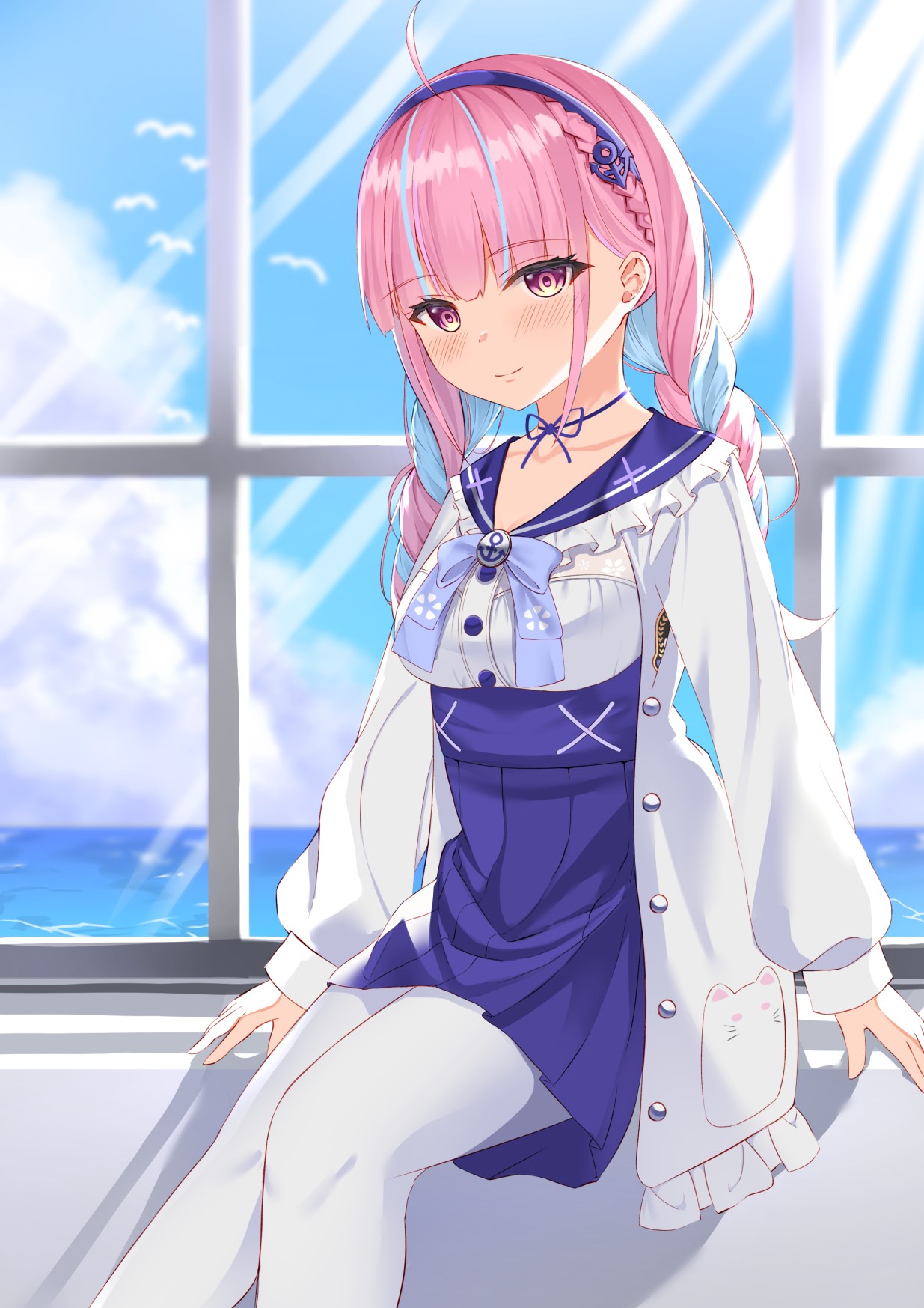 Minato Aqua from Hololive sitting by a window HD Phone Wallpaper