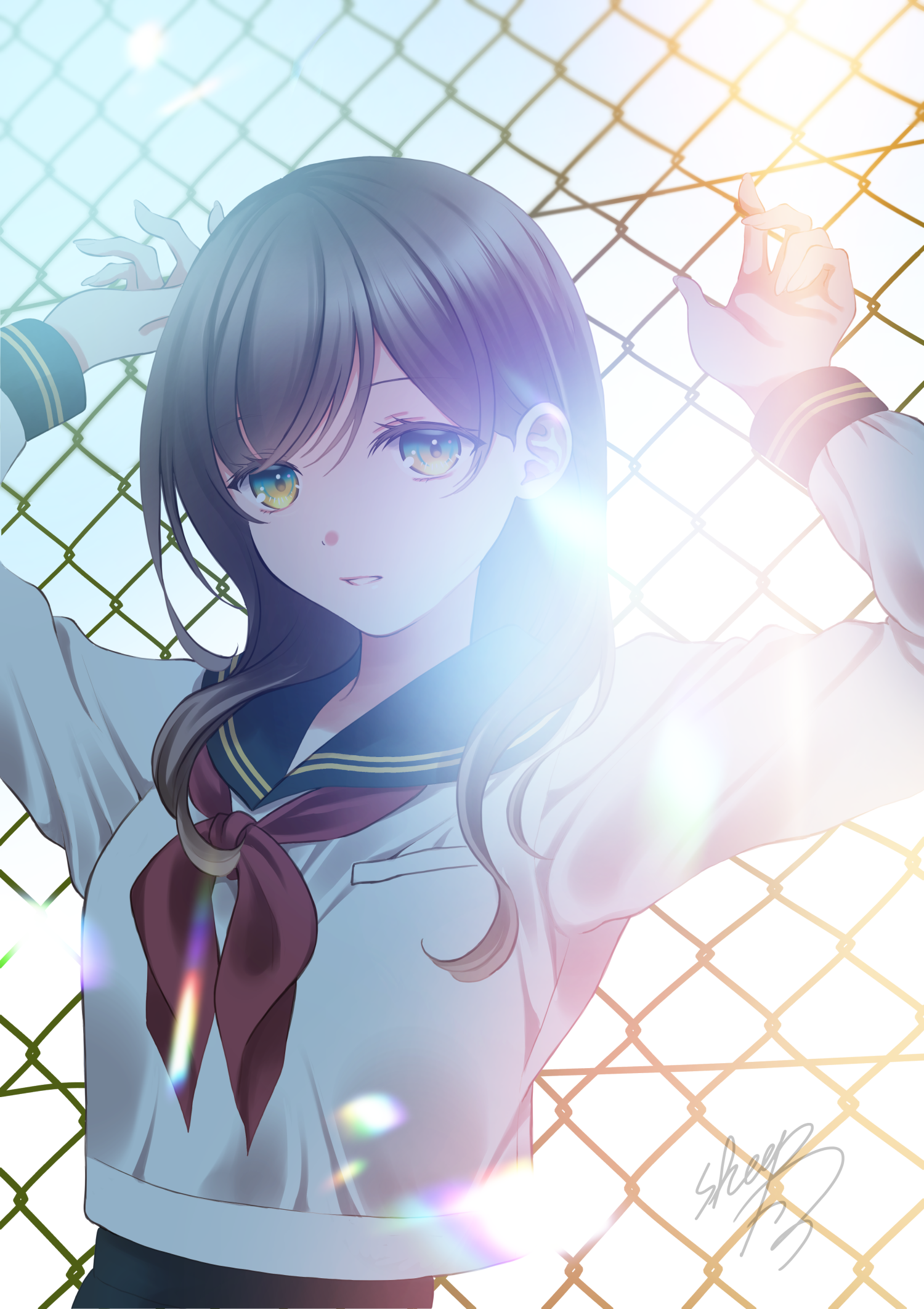 Anime girl in school uniform behind a chain-link fence HD Phone Wallpaper