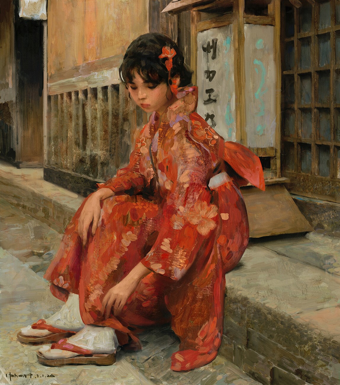Girl in Red Kimono Sitting Outdoors HD Phone Wallpaper