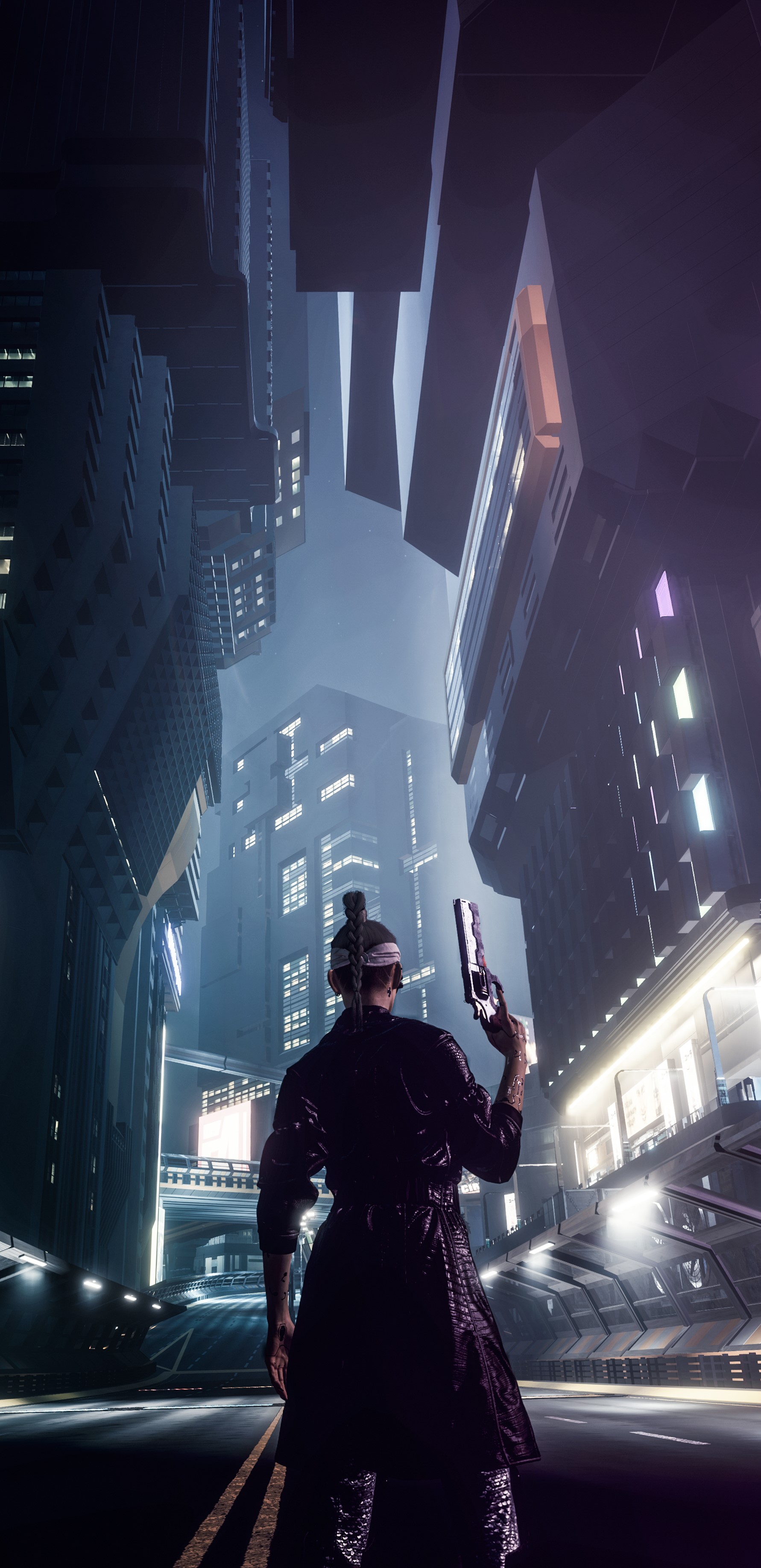 Woman with gun in futuristic city HD Phone Wallpaper