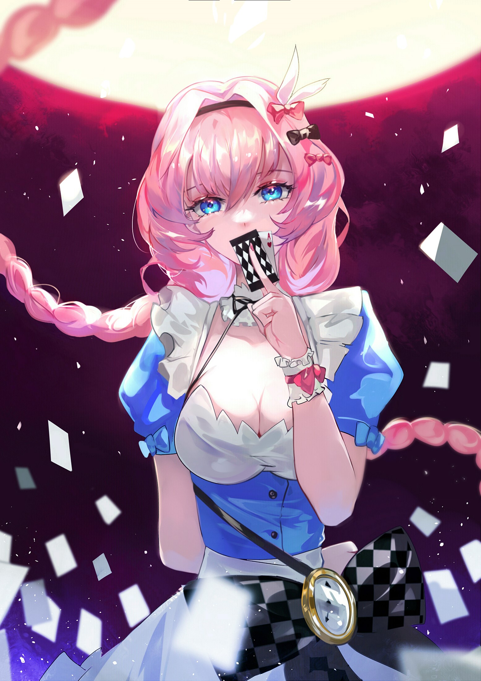 Anime girl with pink hair and blue eyes holding playing cards HD Phone Wallpaper