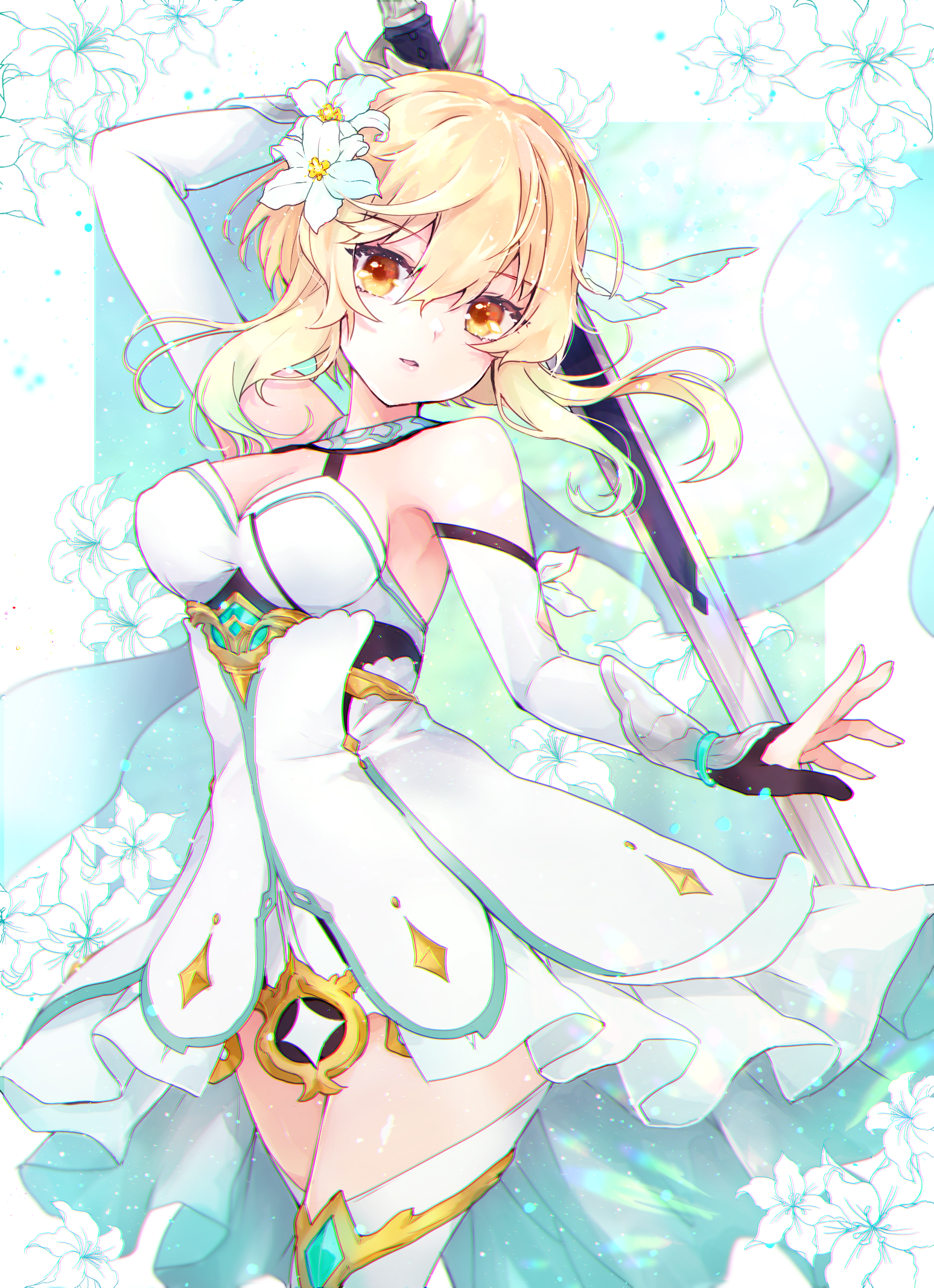 Lumine from Genshin Impact with a sword HD Phone Wallpaper