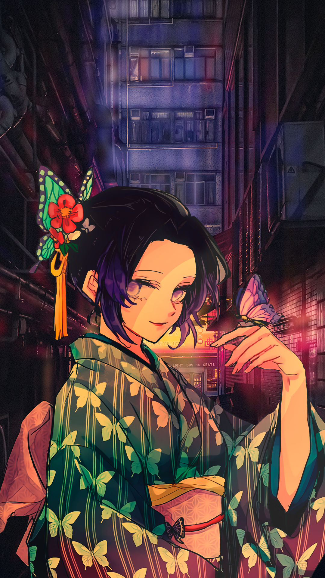 Kochou Shinobu from Kimetsu no Yaiba in a Neon Alley HD Phone Wallpaper
