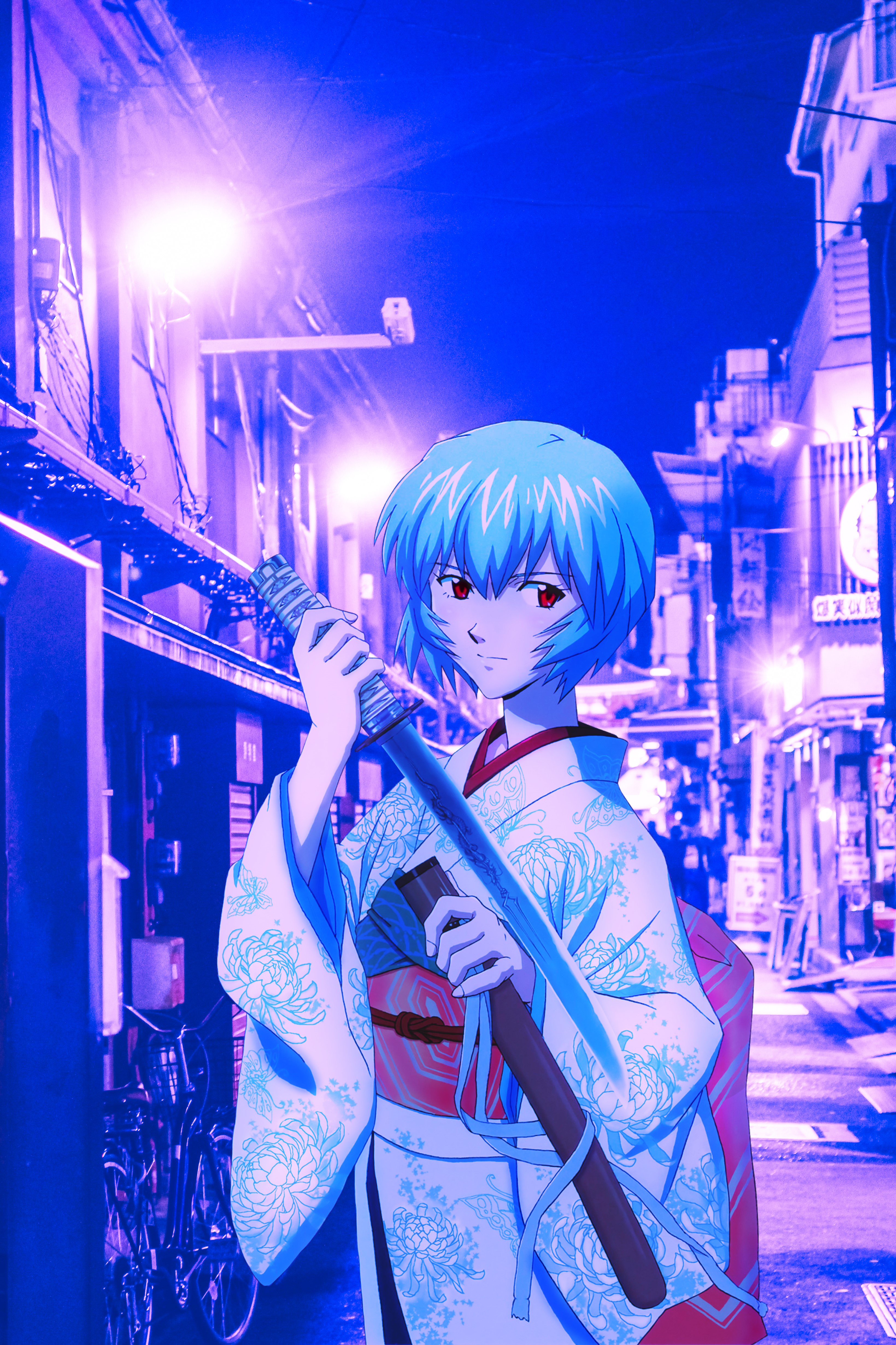 Rei Ayanami from Neon Genesis Evangelion with a sword HD Phone Wallpaper