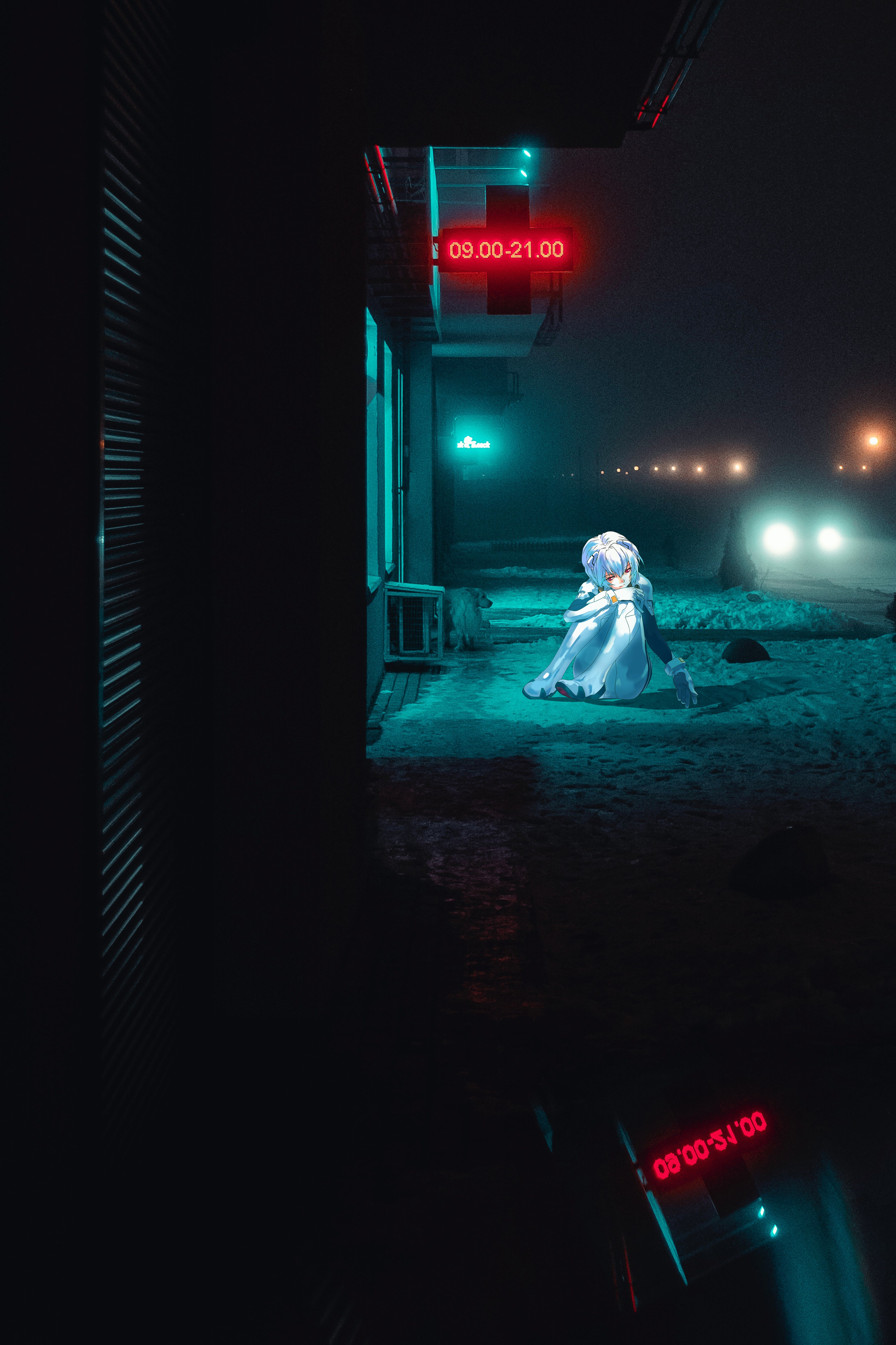 Ayanami Rei from Neon Genesis Evangelion sitting at night HD Phone Wallpaper