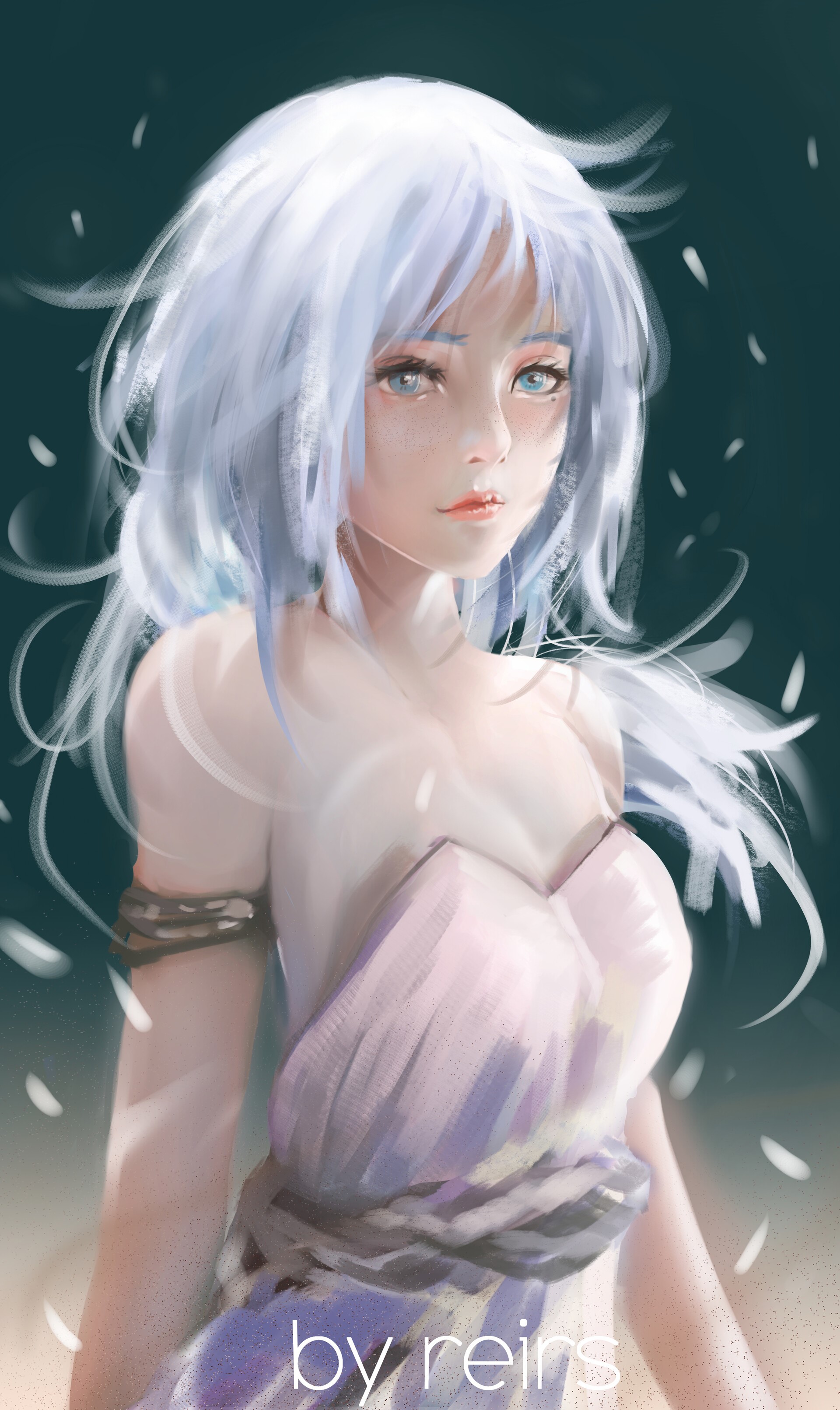 Artwork of a woman with white hair by reirs HD Phone Wallpaper