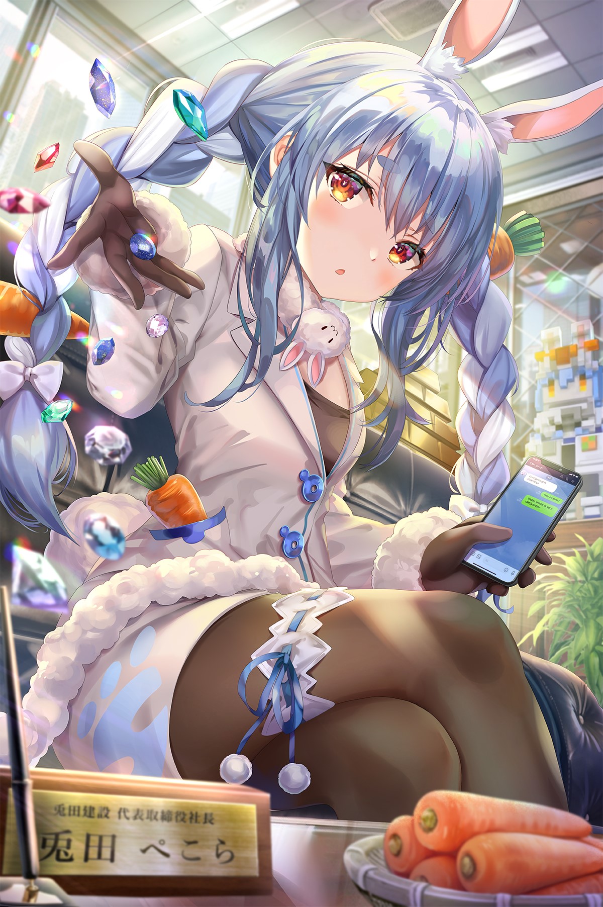 Usada Pekora from Hololive holding a smartphone HD Phone Wallpaper