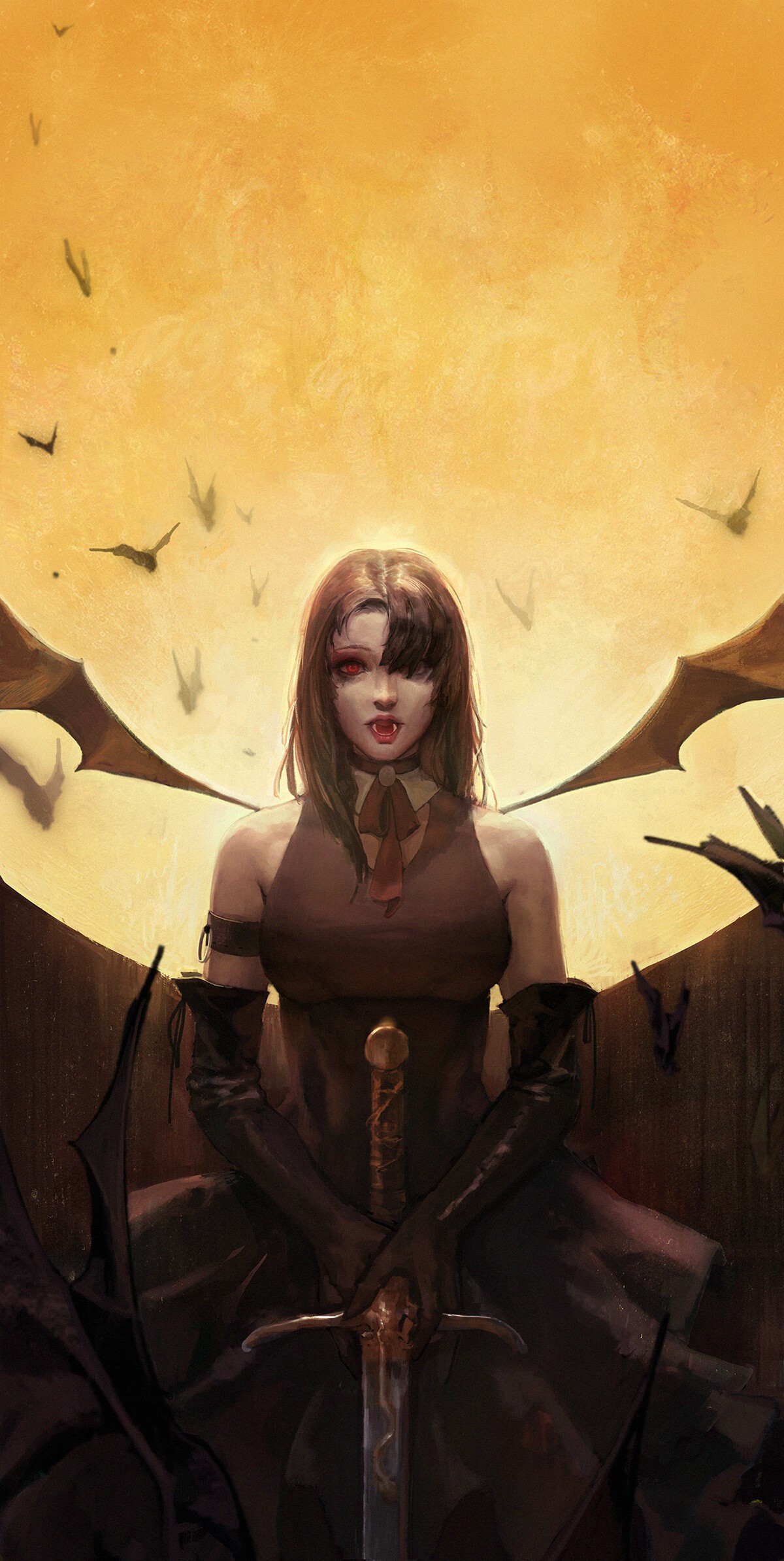 Vampire woman with sword and bat wings HD Phone Wallpaper