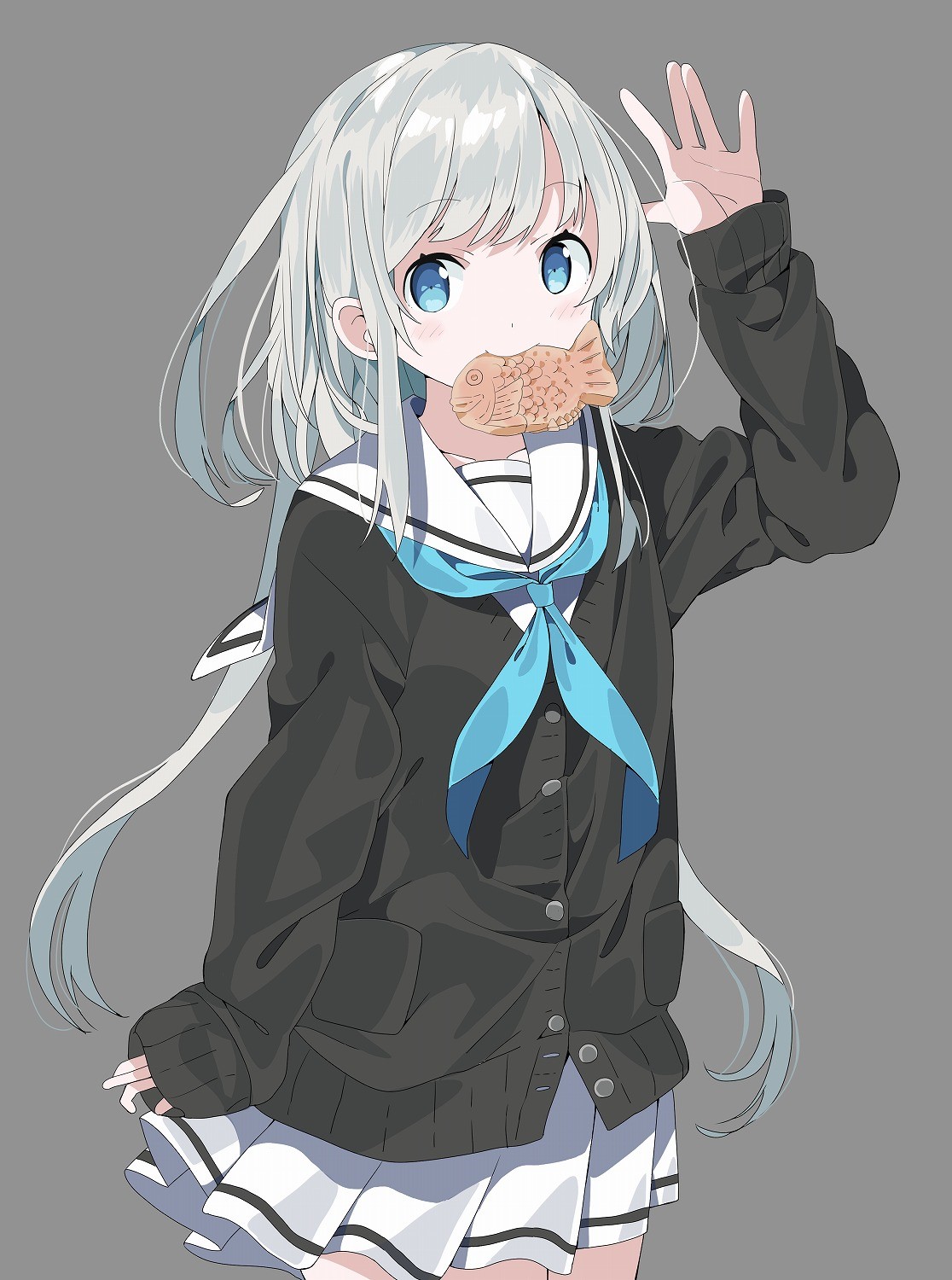 Anime girl with silver hair eating taiyaki HD Phone Wallpaper