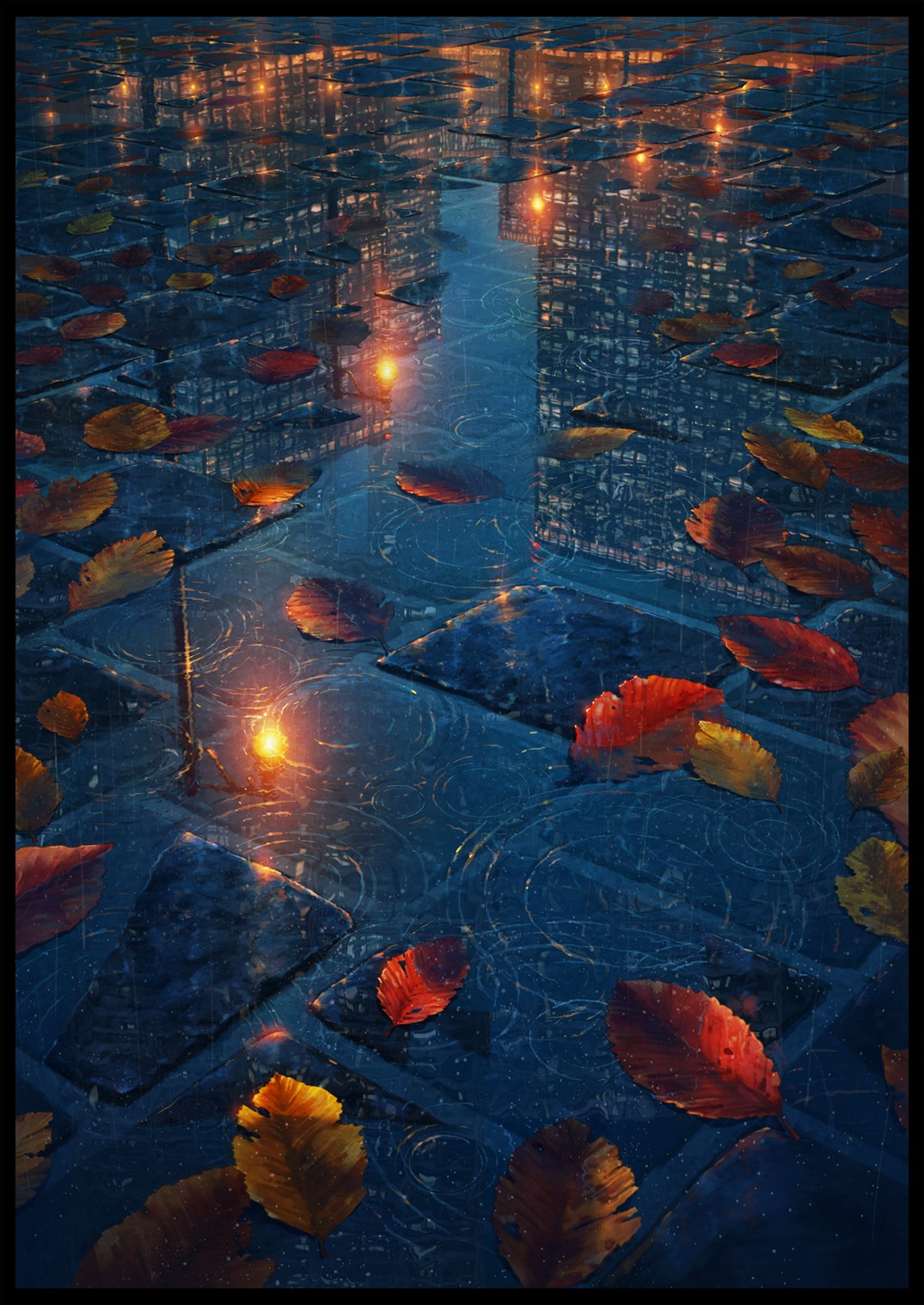 Autumn leaves on wet pavement with city lights reflection HD Phone Wallpaper