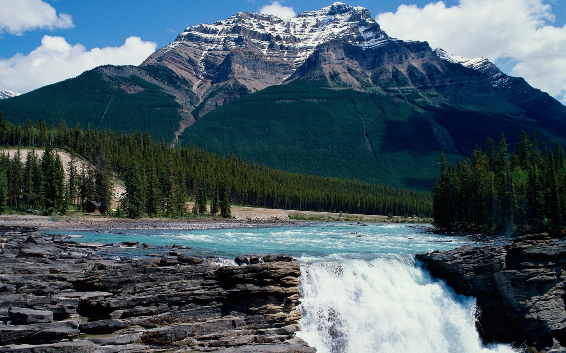 Waterfall and Mountains in Jasper National Park HD Wallpaper